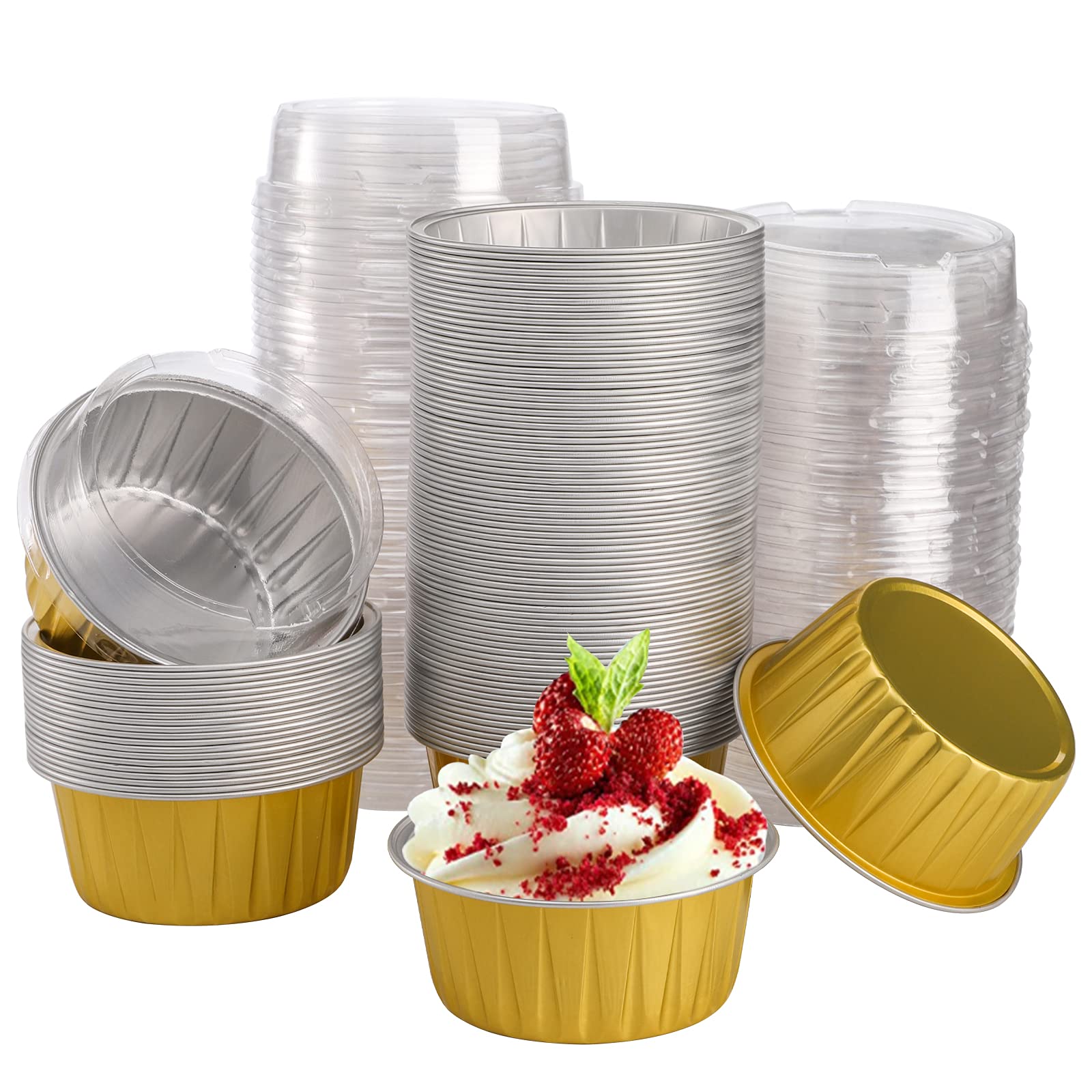 DEAYOU 100-Pack Aluminum Foil Baking Cups with Lids, 5oz Muffin Cupcake Ramekins, 3" Recyclable Cupcake Foil Liners Mini Tart Pie Tin Pan Holder for Souffle, Pudding, Party, Wedding, Gold