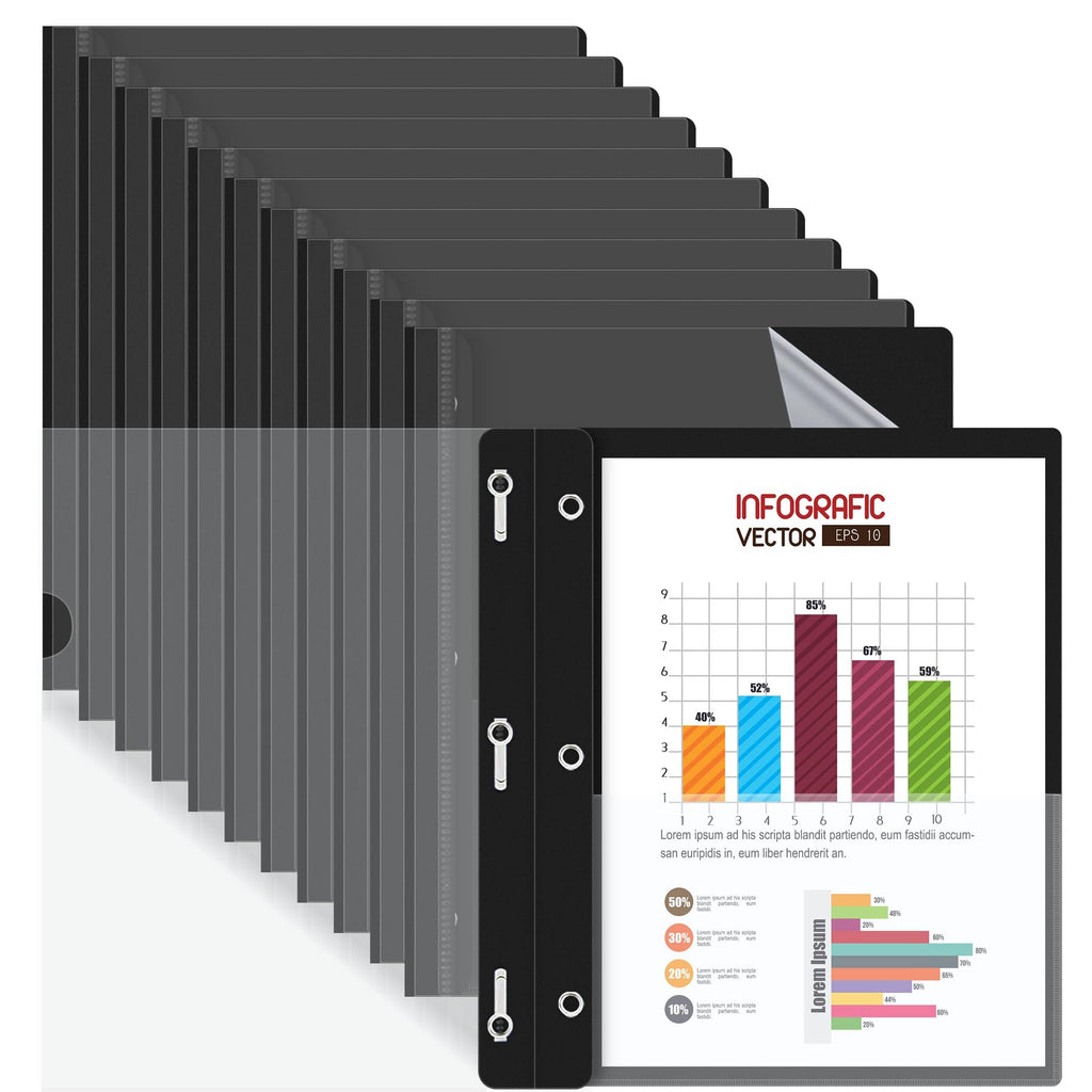 HAUTOCO 12 Pack Plastic Report Covers with 3 Prongs Fasteners Clear Front Resume Portfolio Folder for 8.5x11 Letter Size Paper, Presentation Document Report Cover for School Office Business, Black