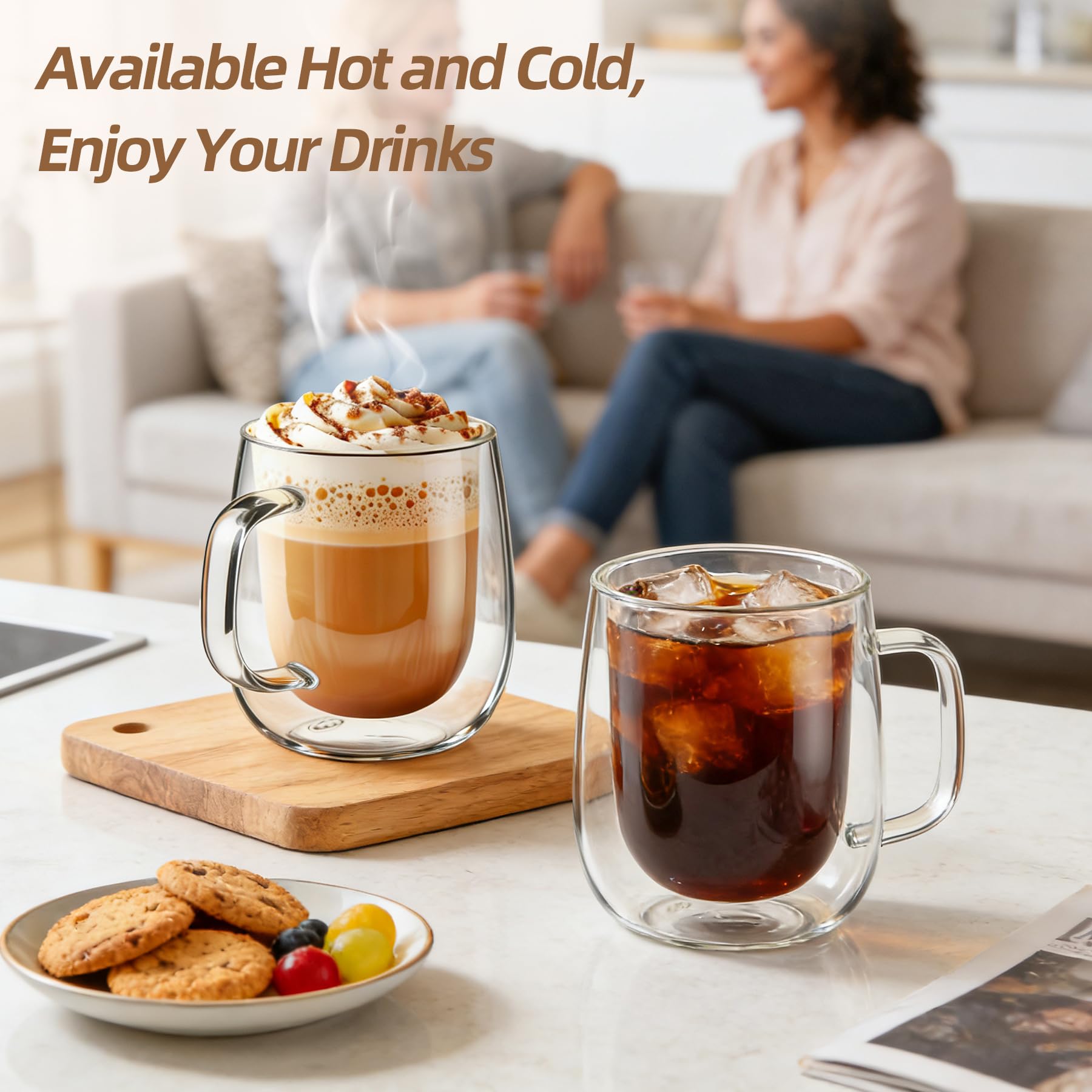 Yopinmall 12OZ Glass Coffee Mug Set of 4 - Double Walled Mugs with Large Handle Iced/Hot Insulated Glasses Cup for Espresso Latte Cappuccino Americano Tea Dishwas Dishwasher Safe