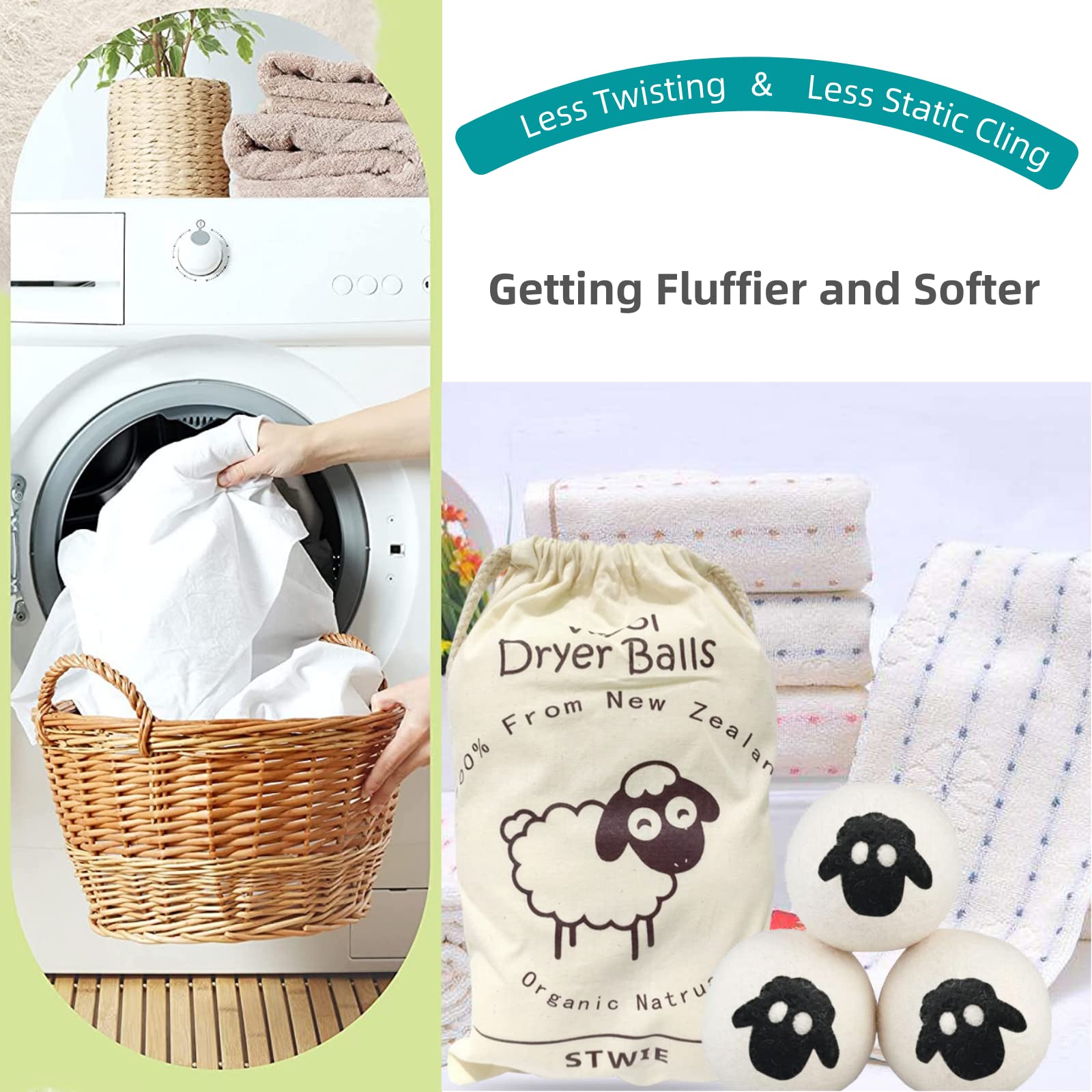 Wool Dryer Balls-6Pack XL Size- Reusable Natural Fabric Softener Dryer Balls Boules De Séchage,Felted New Zealand Wool Laundry Balls to Save 20-40% Drying Time,Reduce Wrinkles No Lint By Stwie