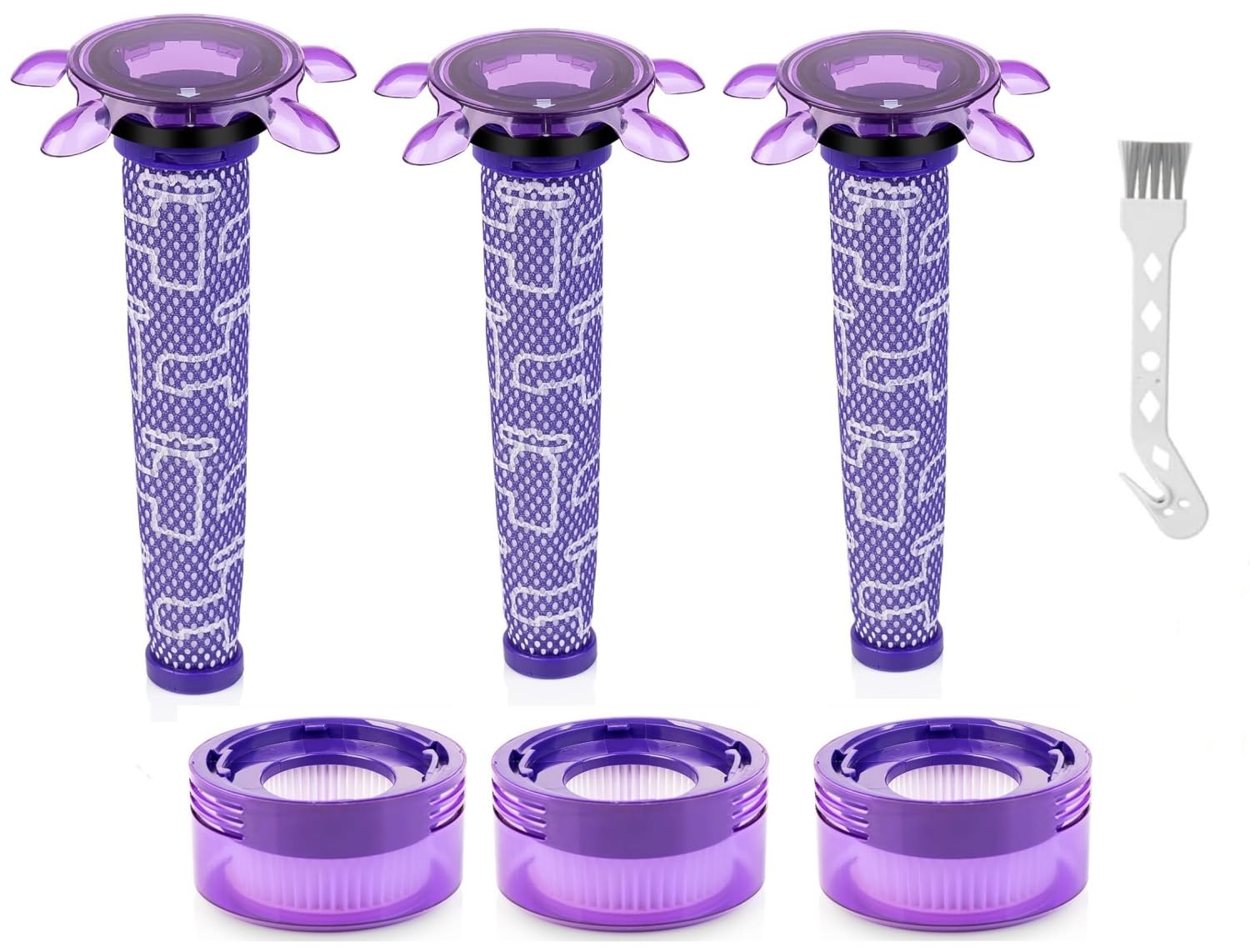 3 Pack V8 Filter for Dyson, Replacement Accessories for V8 Absolute Animal, SV10, SV11, SV25, SV37, 3 Post Motor HEPA Filters, 3 Star Pre Filter and 1 Cleaning Brush