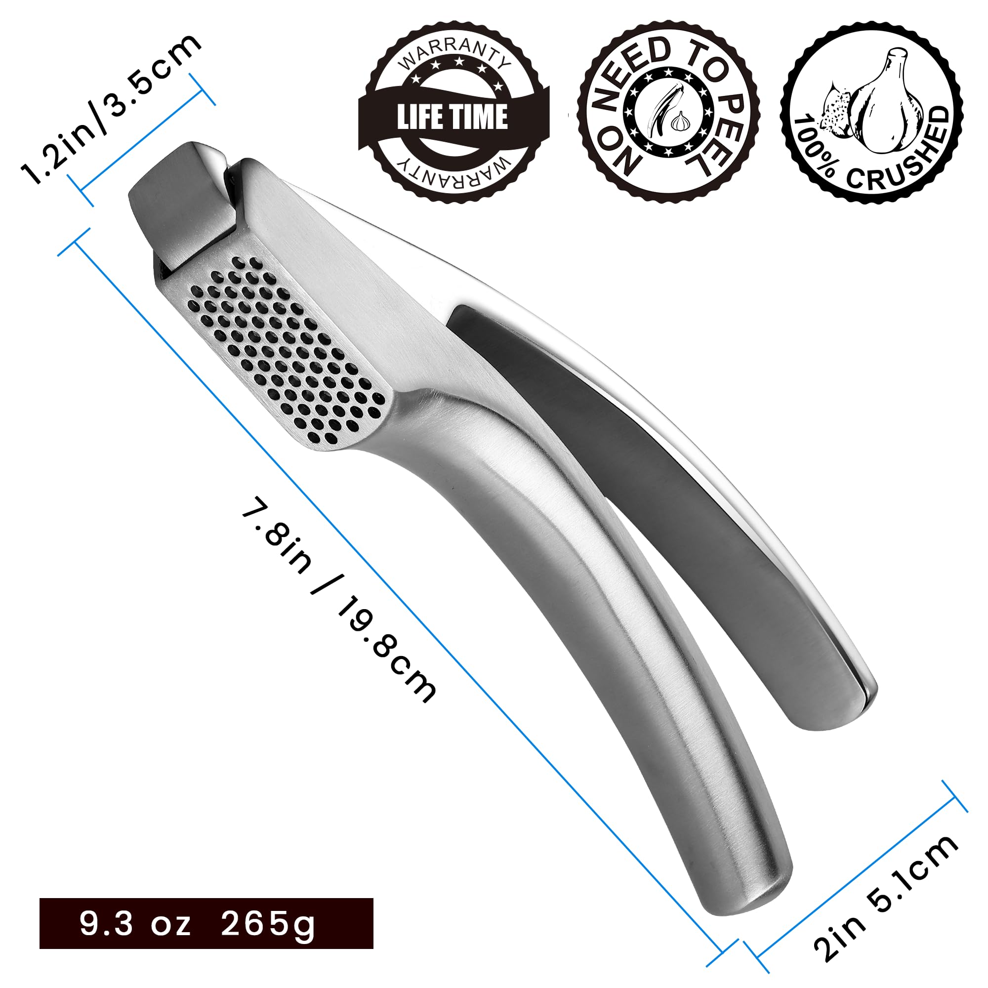 No Peeling Required Garlic Press Stainless Steel with Detachable Handle for Fine Mincing-Premium Garlic Mincer Tool, Rust-Proof, Easy to Clean, Dishwasher Safe Garlic Crusher with Lifetime Replacement