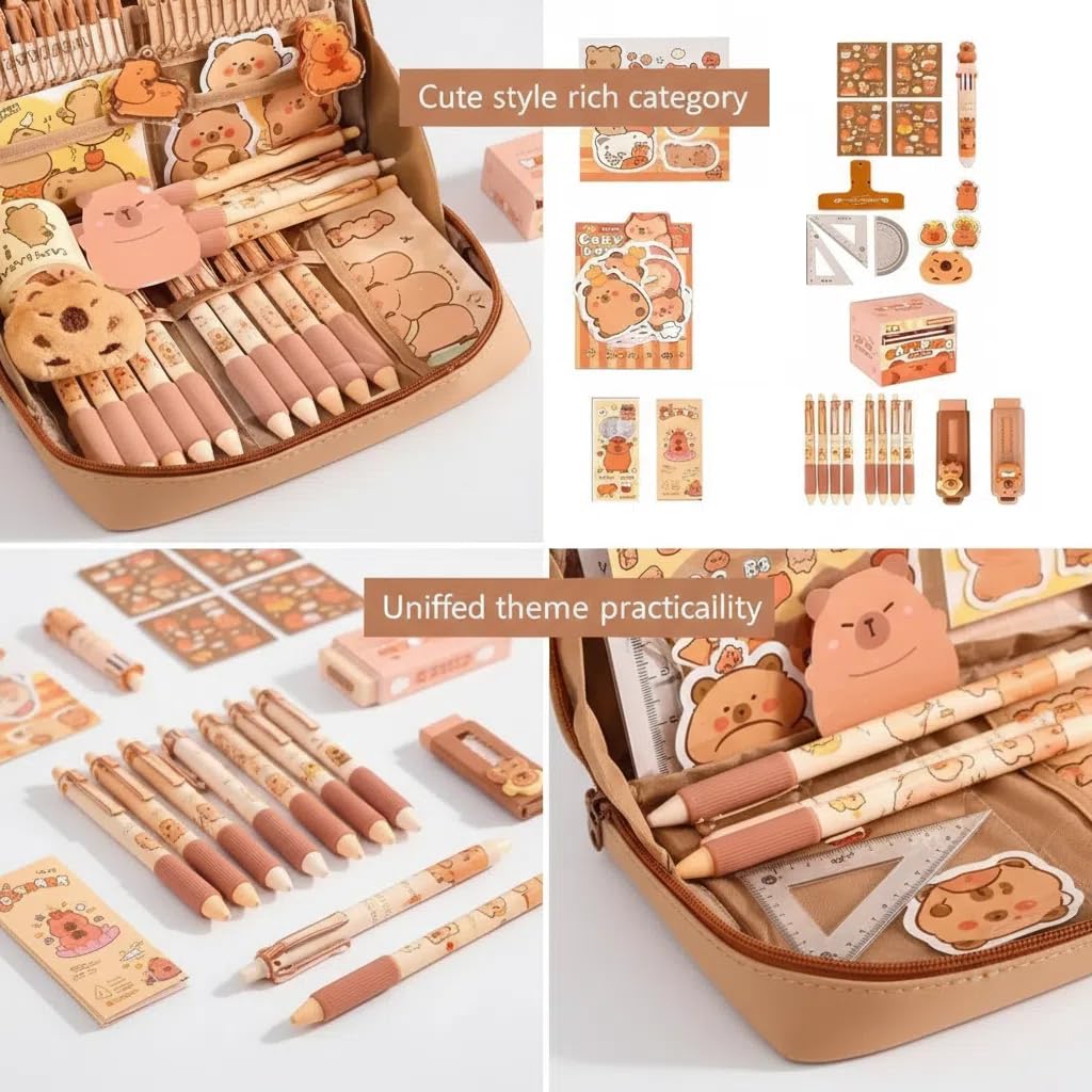 Capybara Pencil Case Stationery Set, Cute Large Capacity Pen Pouch Holds 120 Pens with 12-Layer Design, Complete Back to School Supplies Kit for Middle School Students, Accessories