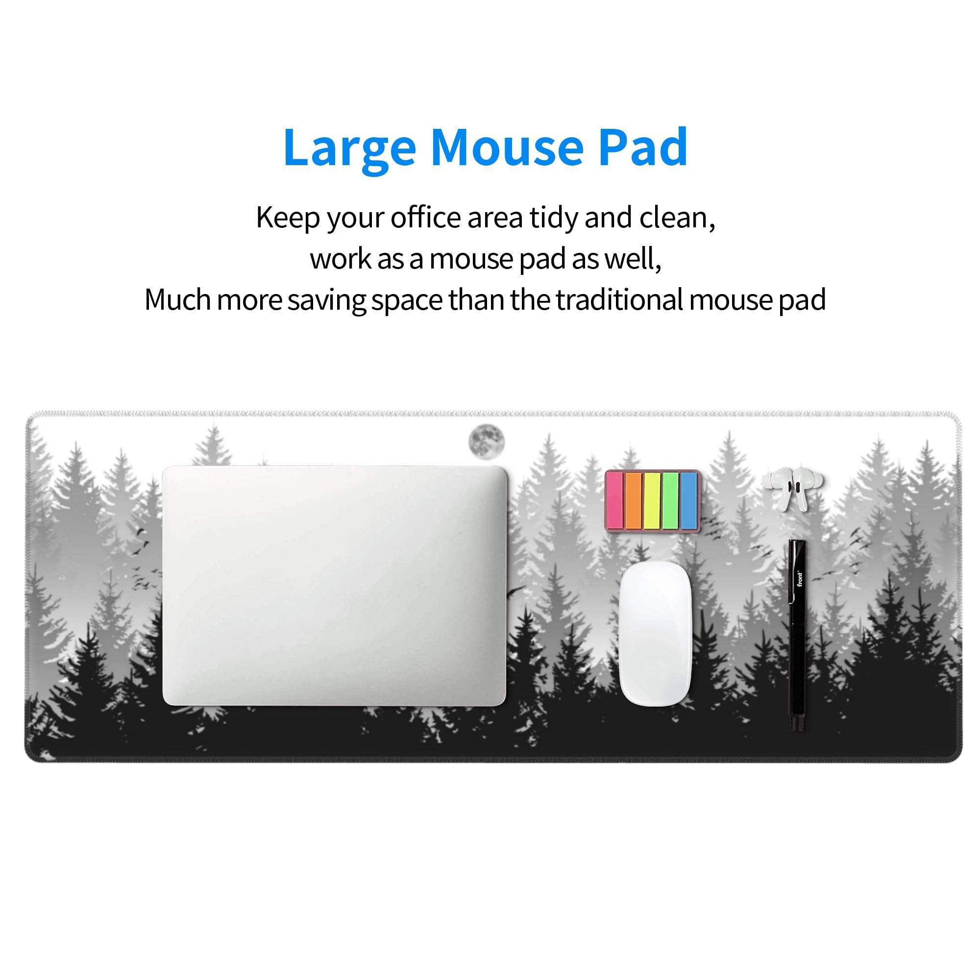 Misty Forest Mouse Pad Large Black Grey White Gaming Mouse Pad XL Extended Long Keyboard and Mouse Desk Mat Big Desk Pad Non-Slip Rubber Base with Stitched Edges Mouse Mat for Gaming and Office