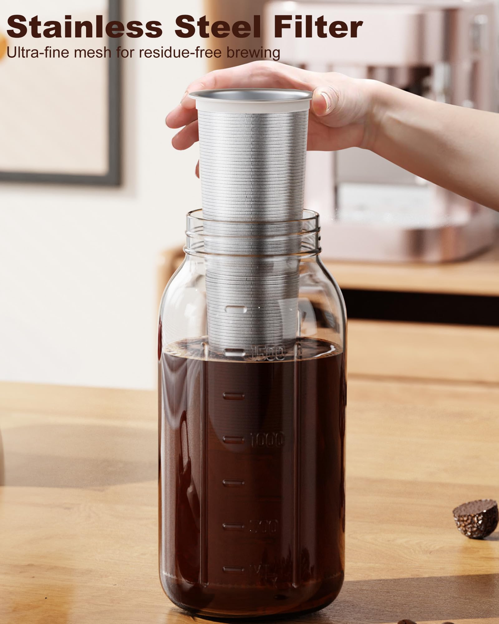 VA1KENE 64oz Cold Brew Coffee Maker with Stainless Steel Filter - Mason Jar Pitcher With Lid and Spout, No Leaks Iced Coffee Maker for Coffee, Ice Tea, Lemonade and Cold Brew