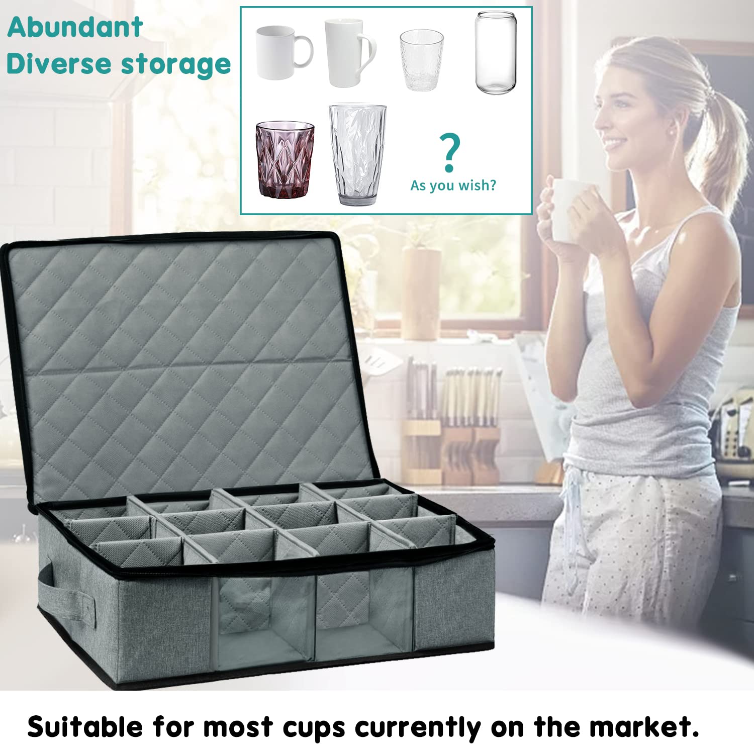 Boczif Coffee Cup Storage Box, Storage Containers Holds 12 Glassware, Coffee Mugs and Tea Cups, Padded Dinnerware Case with Dividers, Handles, Zipper & Lid, Stackable Holders for Plate, Cup, Flatware