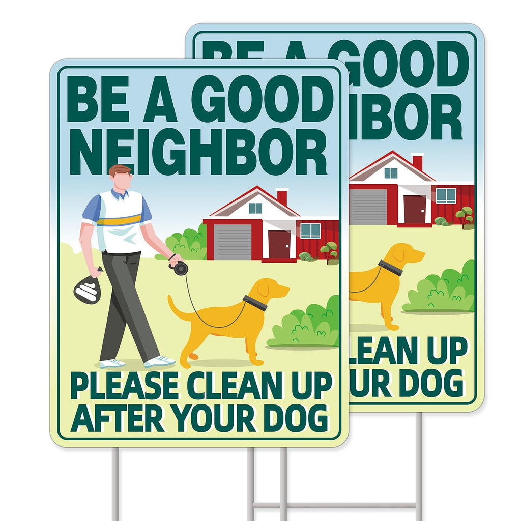 Clean UP After Your Dog Signs, 2-Pack 13"x10" Double-Sided H-Stake Metal Stakes Dog Poop Signs for Lawn, Pick Up After Your Dog Sign