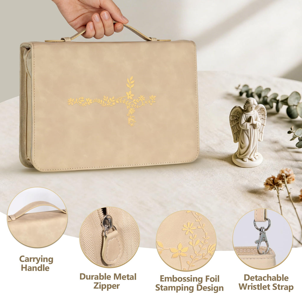 LISWIT Mother's Day Gift Bible Cover for Women, Large Bible Case - Durable PU Leather Carrying Bag Sleeve, Christian Gifts for Women, Girls, Teens (Beige/Gold)