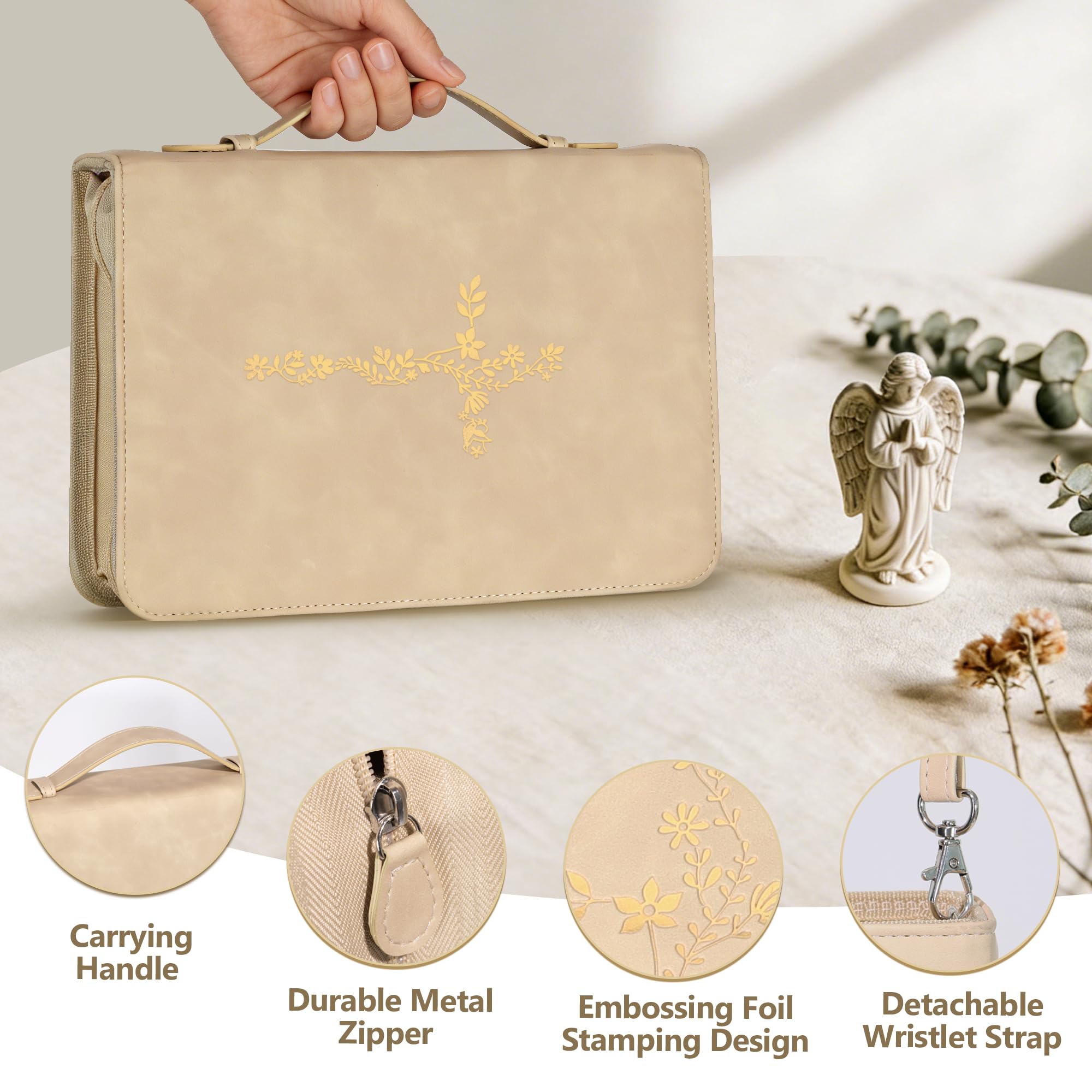 LISWIT Mother's Day Gift Bible Cover for Women, Large Bible Case - Durable PU Leather Carrying Bag Sleeve, Christian Gifts for Women, Girls, Teens (Beige/Gold)