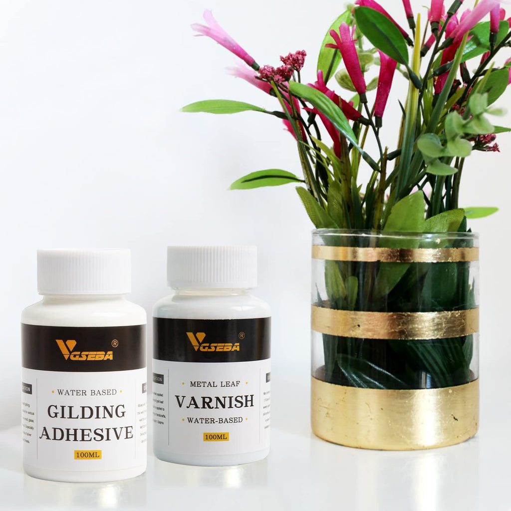 Gold Leaf Gilding Adhesive Set, 100ml Epoxy Resin Water Based Metal Leaf Glue and 100ml Varnish for Crafts, Arts, Wood, Glass (Come with 2 Brushes+2 Gloves)