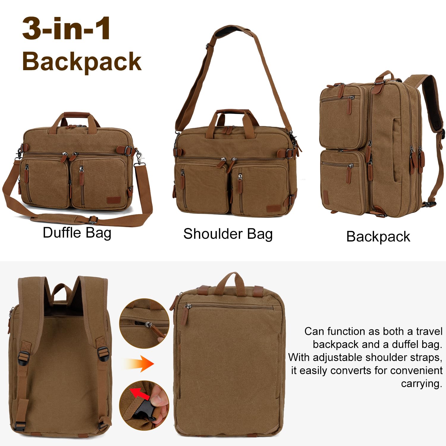 Koolehaoda 3 in 1 Convertible Briefcase Backpack 17.3 inch Laptop Backpack Case Messenger Bag for Men, Multi-Functional Computer Bag for Travel Bussiness Men Women (Coffee)