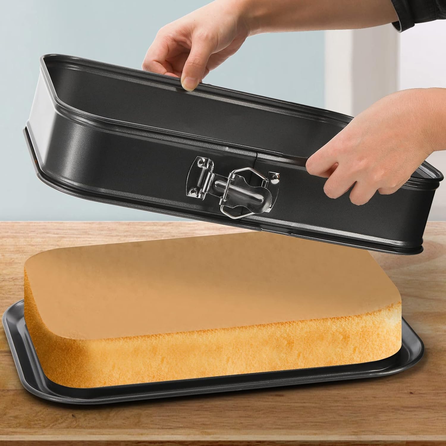 SOUJOY Springform Cake Pan, Non-Stick Cheesecake Pan, 14 x 9 Inch Large Rectangle Cake Pan with Removable Bottom, Ice Cream Cake Bakeware, Black