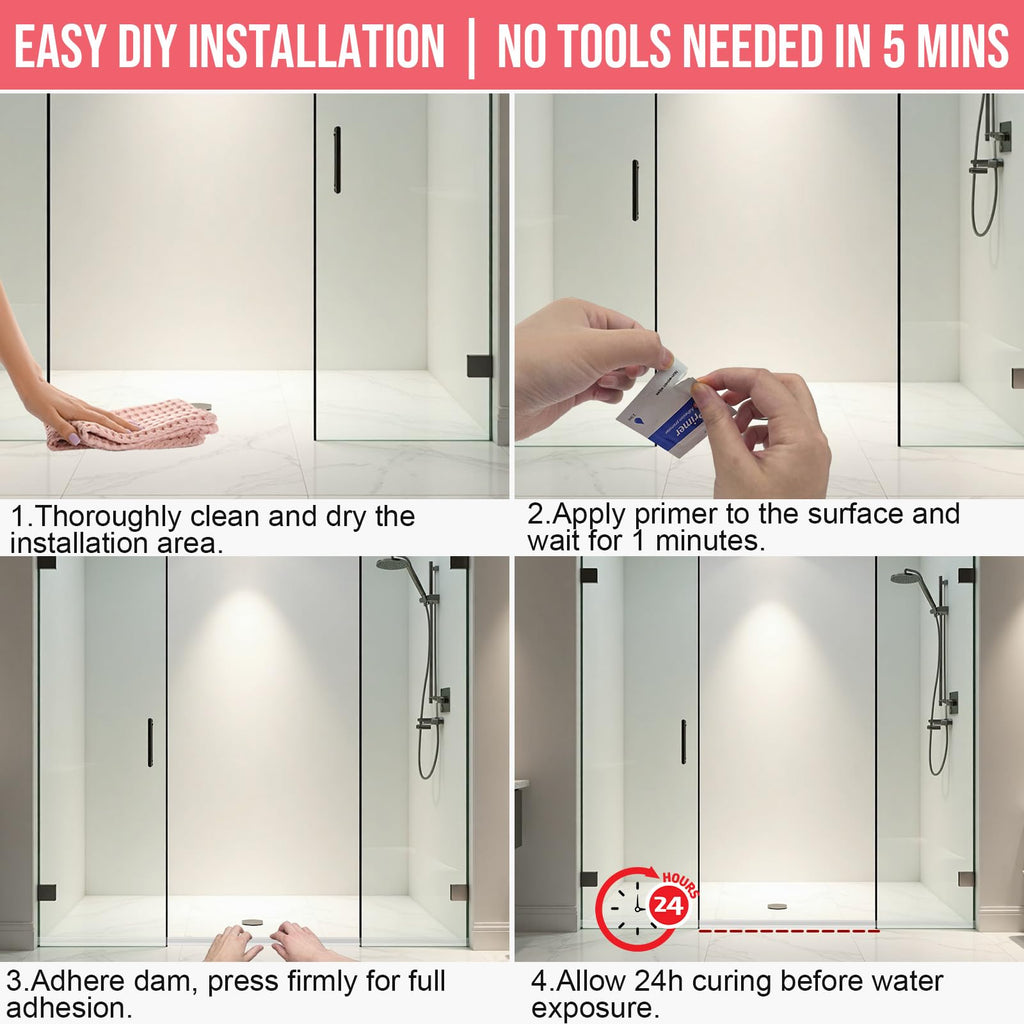 Shower Threshold Water Dam Barrier, 98 Inch Self-Adhesive Shower Water Dam for Bathroom Floor Dry and Wet Separation, Installs in Minutes Fits Kitchen Sink, Bathroom Floor, Shower Tray Applications