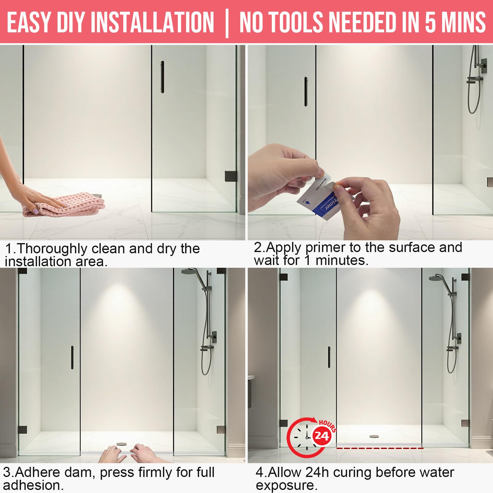 Shower Threshold Water Dam Barrier, 98 Inch Self-Adhesive Shower Water Dam for Bathroom Floor Dry and Wet Separation, Installs in Minutes Fits Kitchen Sink, Bathroom Floor, Shower Tray Applications