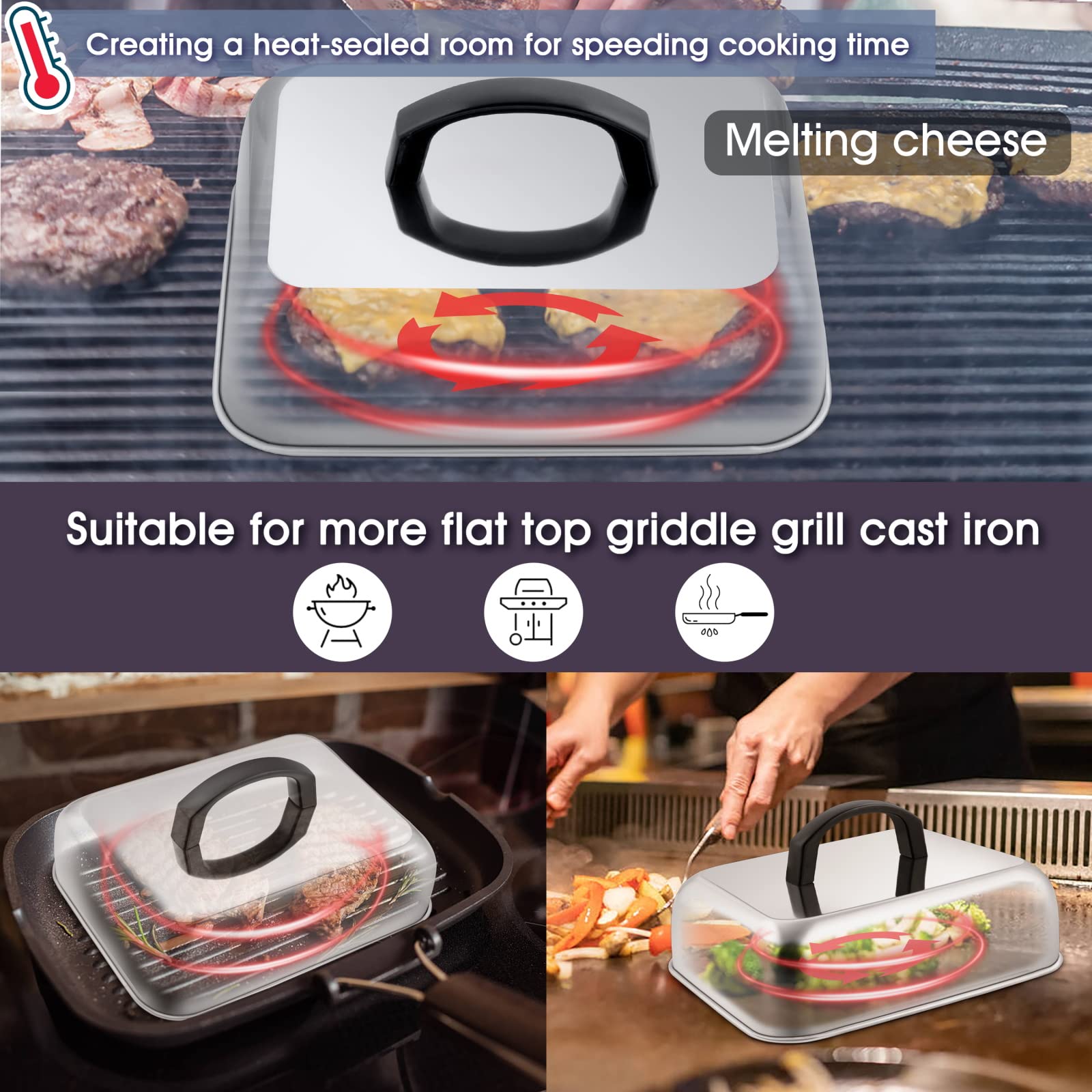 HaSteeL Cheese Melting Dome Set of 2, Stainless Steel Rectangular 9x7 Inch Basting Steaming Cover, Heavy Duty Metal Grill Dome for Flat Top Teppanyaki Barbecue Cooking Indoor/Outdoor, Dishwasher Safe