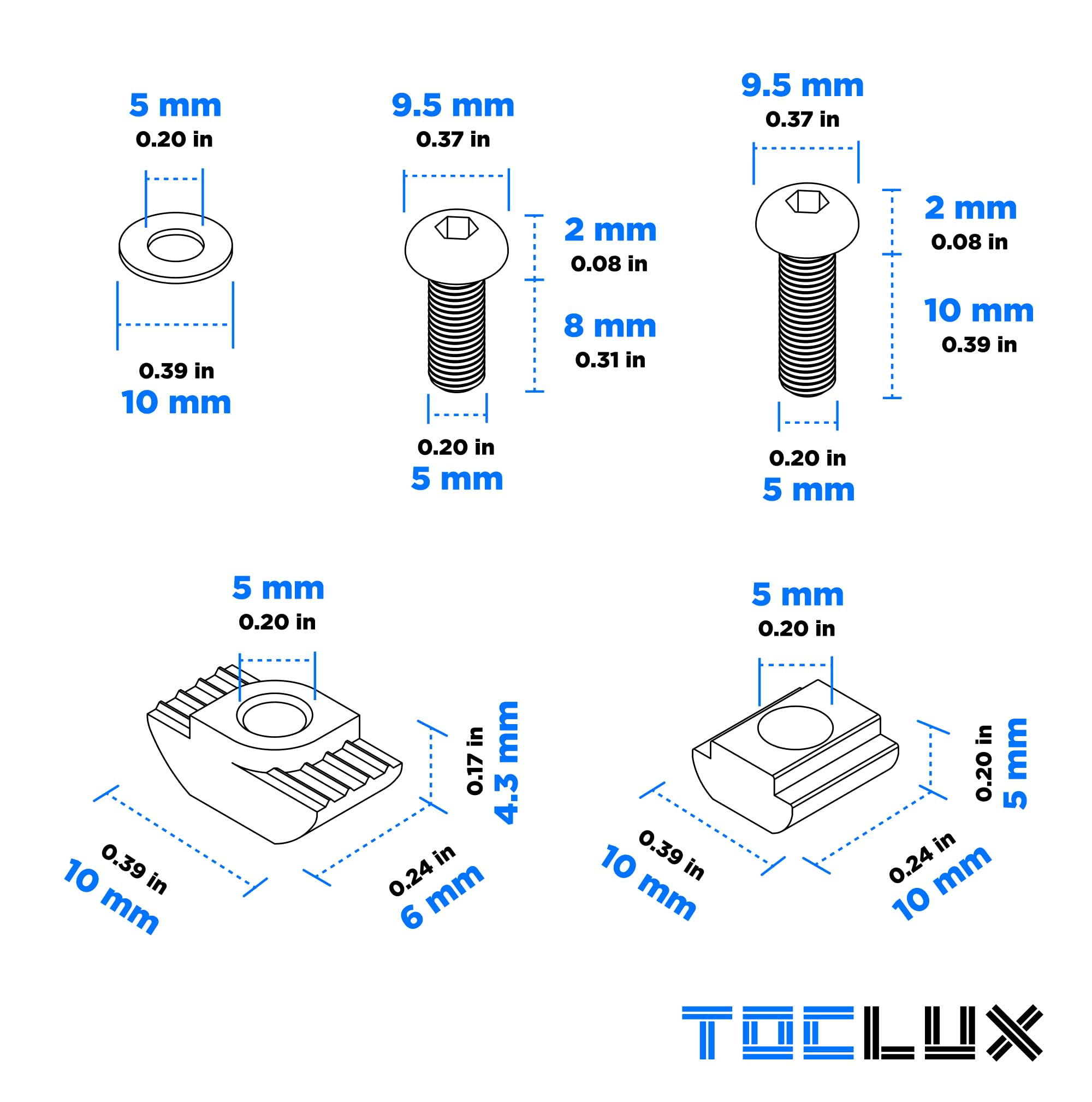 200pcs 2020 Series M5 T Nut and Black Screw Kit – Sliding & Drop-in T-Nuts, M5x8 & 10mm Black Screws, Washers, Hex Wrench – for 6mm T-Slot Aluminum Extrusion Accessories Extruded Aluminum Hardware