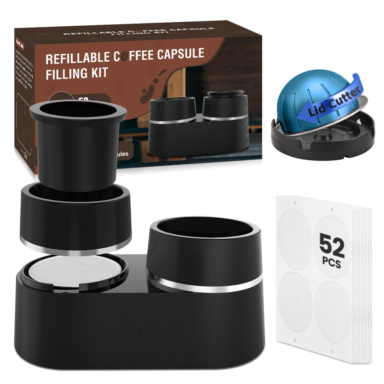 Reusable Double Pods Kit Compatible with Nespresso Pods Vertuo, Refillable Coffee Pods Espresso Accessories with 52 pcs Foil Seals Lids Compatible with Nespresso Espresso Machine
