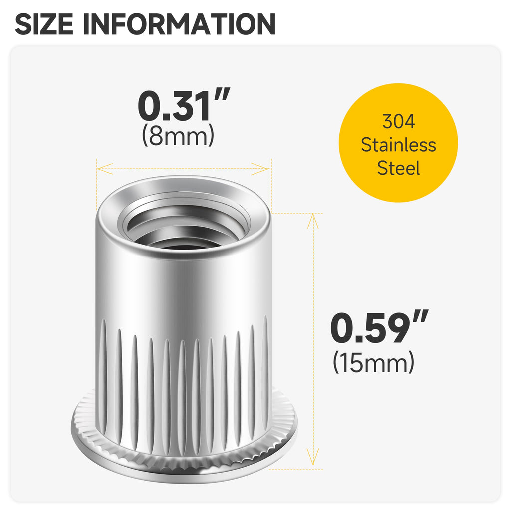 Mywish 100Pcs 1/4-20 Rivet Nuts Hardware Nuts, 304 Stainless Steel Flat Head RIV Nuts, 1/4 20 Nut Threaded Inserts Rivnuts for Wood & Metal, 1/4 UNC Rivnuts Rivets Nutsert
