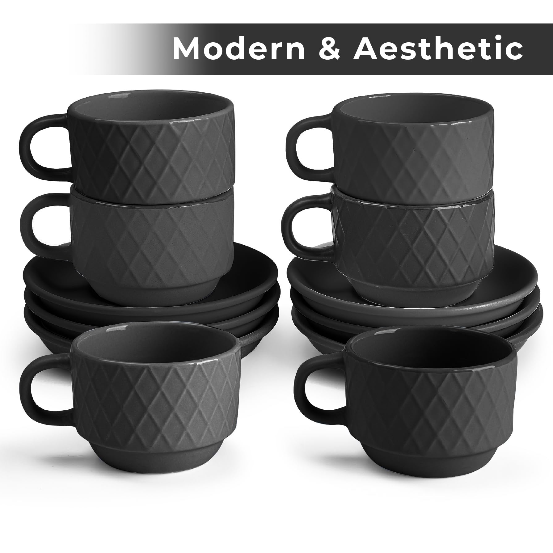 MIAMIO - 6 x 75 ml Stoneware Espresso Mug, Cup Set Modern with Stand and Saucers - Palmanova Collection (Black)
