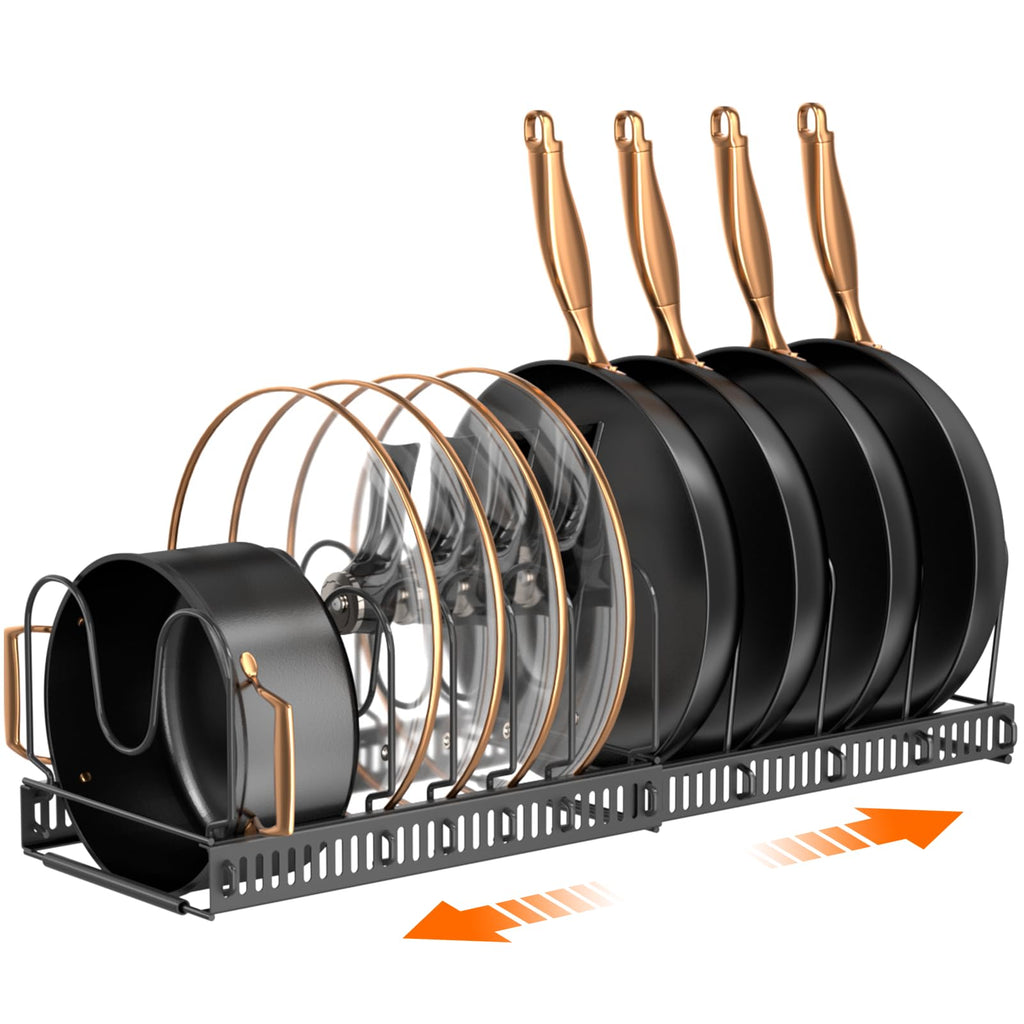 MUDEELA Pots and Pans Organizer Rack for Under Cabinet, Expandable 11.71''-22.85'' Pot Lid Kitchen Cabinet Organizer Holder with 10 Adjustable Compartment Cutting Board Organizer for Pan Lid, Bakeware