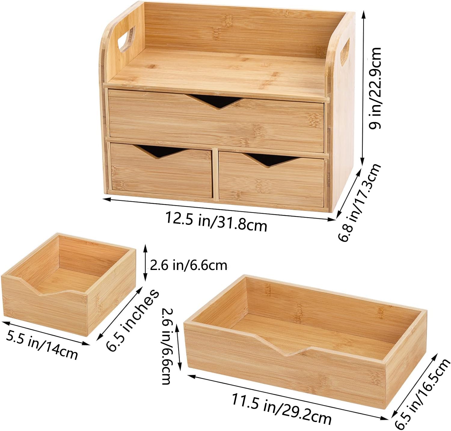 Hacaroa 3 Tier Bamboo Desktop Organizer with 3 Drawers, Mini Tabletop Craft Box Cosmetic Storage Drawer with Handle, Portable Desk Letter Mail Sorter for Office Supply, Toiletries