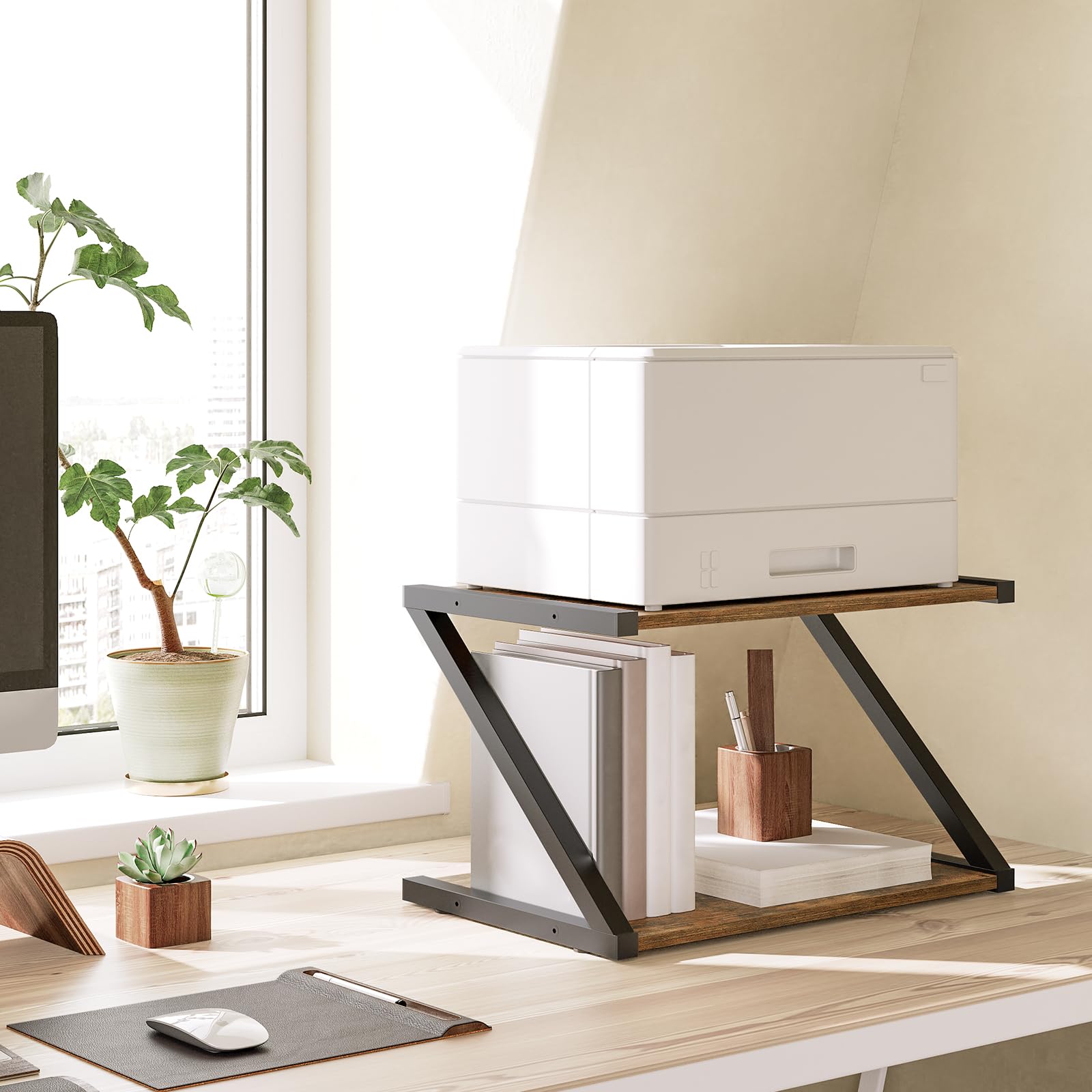 YATINEY Desktop Printer Stand, 2-Tier Printer Table with Storage Shelf, Under Desk Printer Stand for Home Office, Open Organizer Shelf, Easy Assembly, Rustic Brown PS02BR