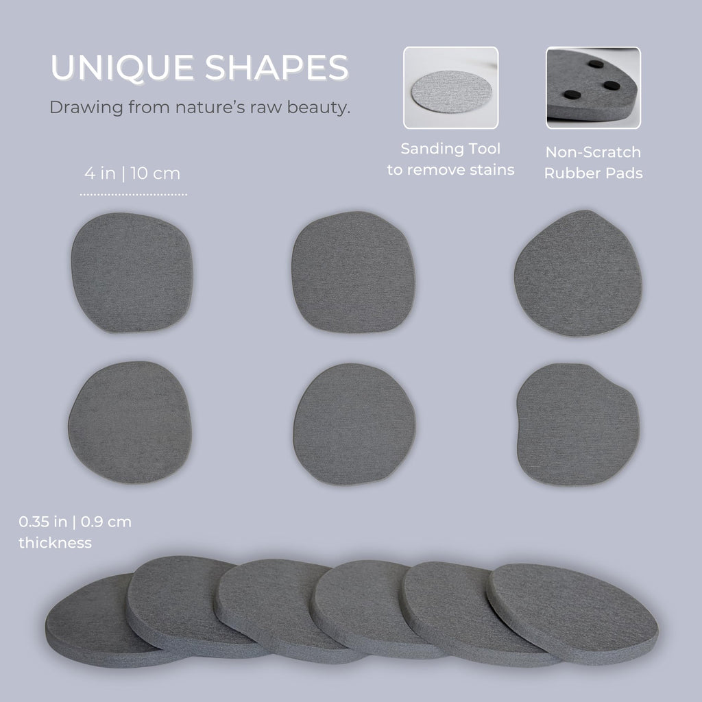 Natureva Home - Stone Coasters, Set of 6 | Super Absorbent, Quick Dry Diatomite Coaster for Drinks | Made of Natural Diatomaceous Earth | Absorbing Water Instantly | Unique Shapes | Colour Graphite