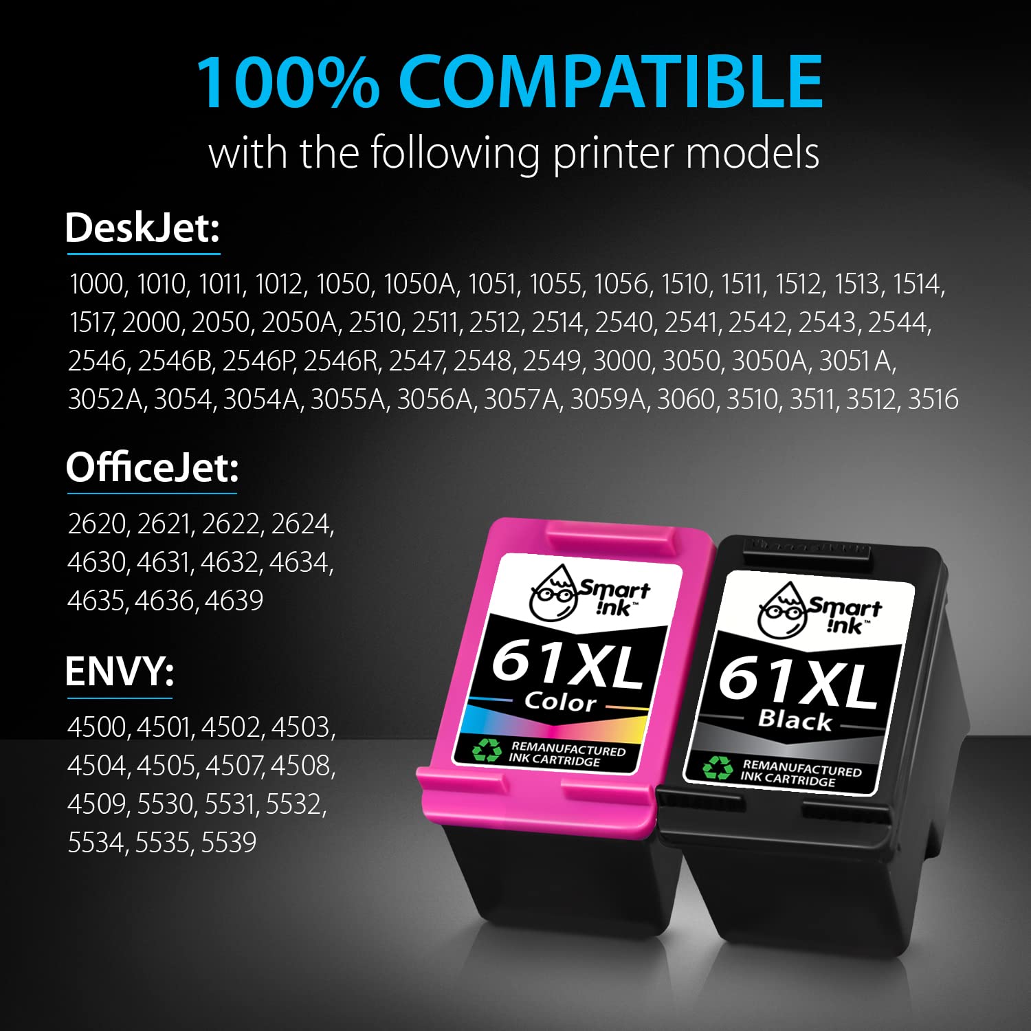Smart Ink Remanufactured Ink Cartridge Replacement for HP 61XL 61 XL 2 Combo Pack to use with HP Envy 4500 5530 Deskjet 1000 1050 1512 1513 2540 2542 2549 3510 3050 3050A 4630 5530 (Black & Color)