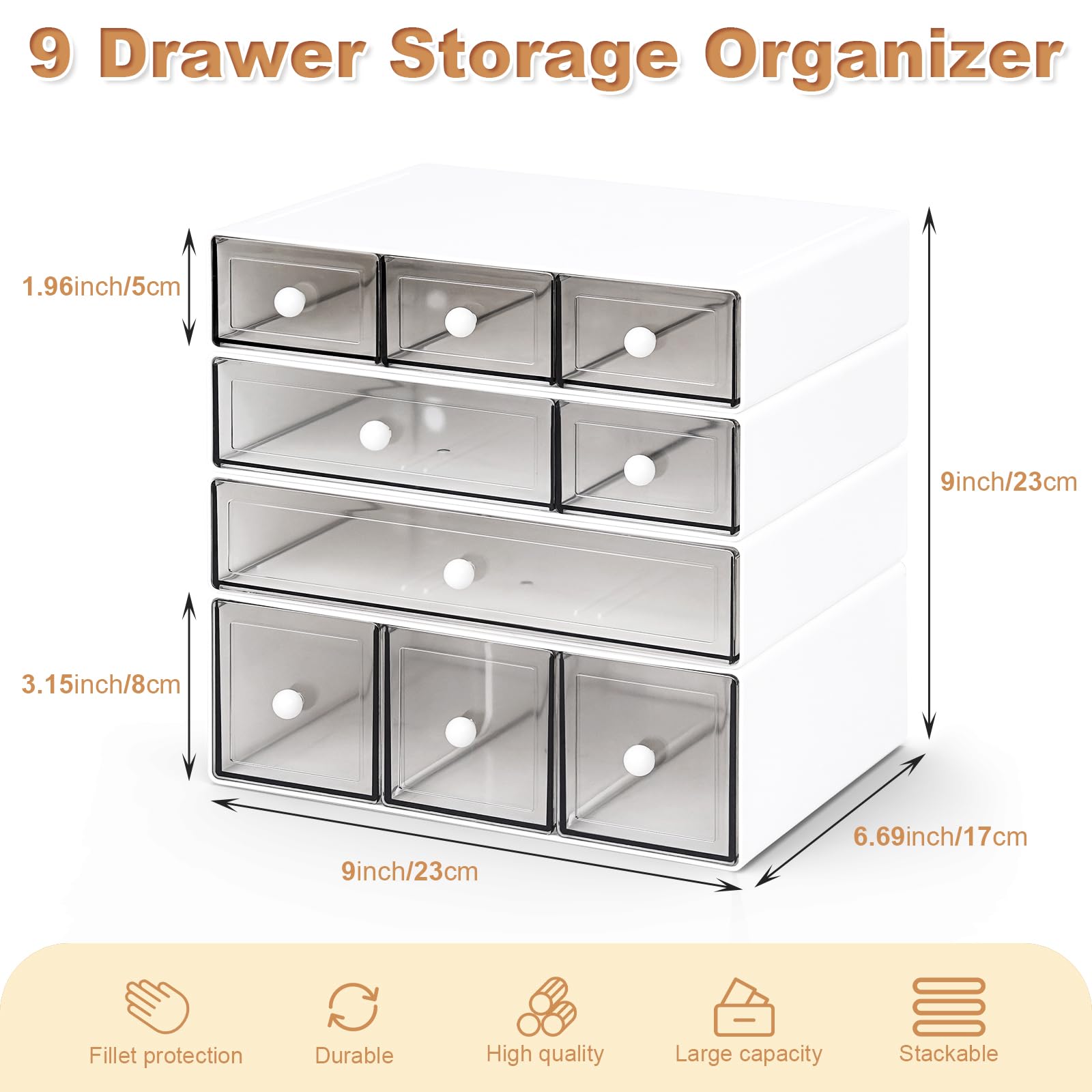 Desk Organizer with 9 Drawers, 4 Tier Plastic Stackable Storage Drawers for Desk Storage, Office Stationary Makeup Organizer Suit for Home, Office and School (White)