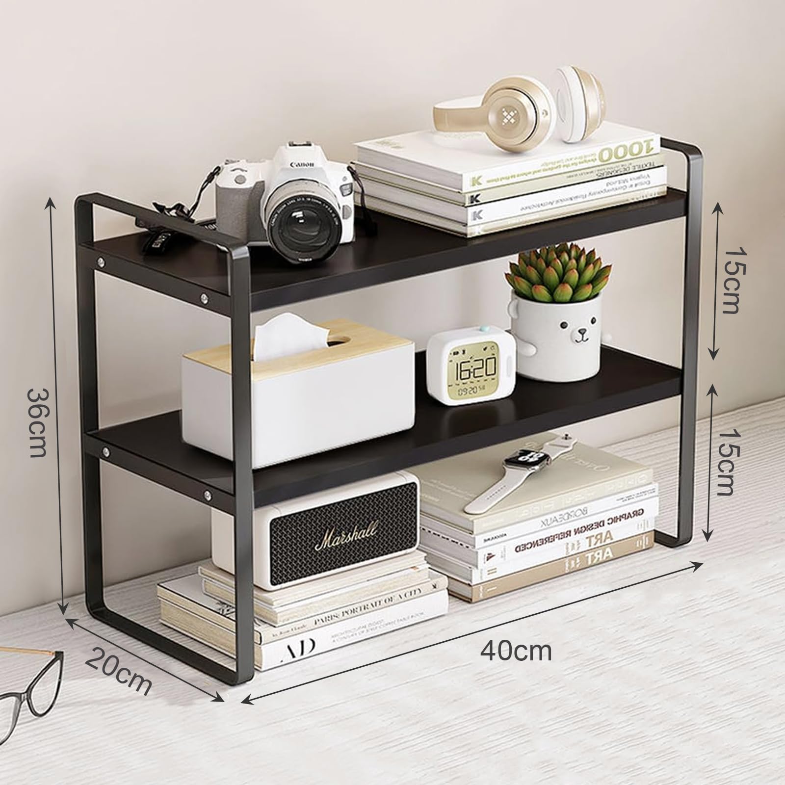 Desktop Organizer Shelf, 2 Tiers Desktop Storage Shelf, Desk Shelf Storage Rack, Metal and Wooden Desktop Countertop Bookshelf, Small Display Shelf for Office, Kitchen, Bedroom, Bathroom, Dorm (Black)