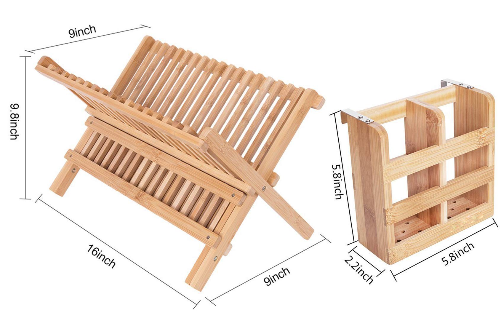 Lawei Bamboo Dish Drying Rack with Utensil Holder - Collapsible Dish Drainer Foldable Dish Rack Bamboo Plate Rack for Plates, Cups, Mugs, Utensil, Flatwares