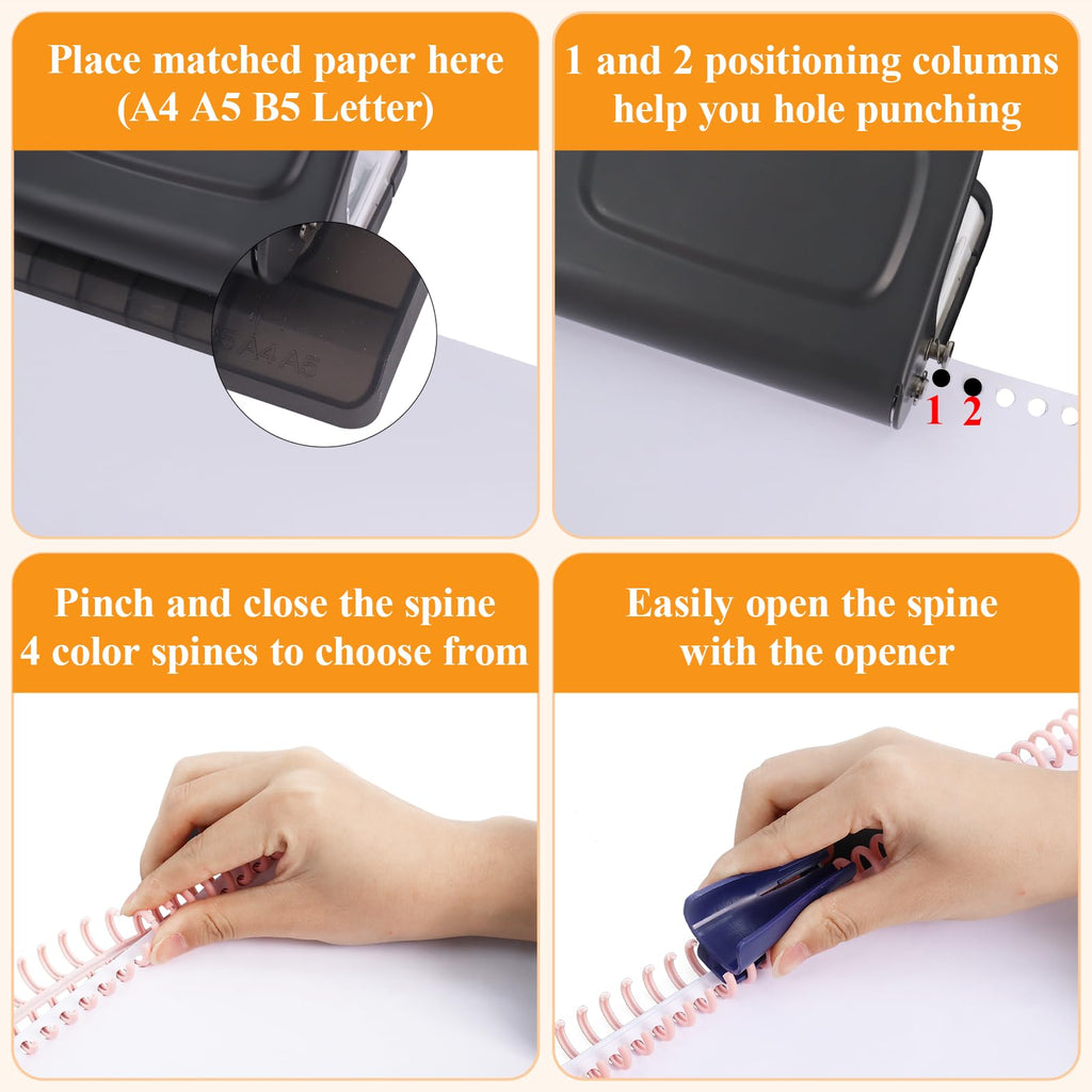 Hoqqf 10 Hole Punch Binding Machine for Planners with 10 Multi-Color Binder Rings,30 Holes on A4,20 Holes on A5,26 Holes on B5,10 Sheet Capacity (Black)