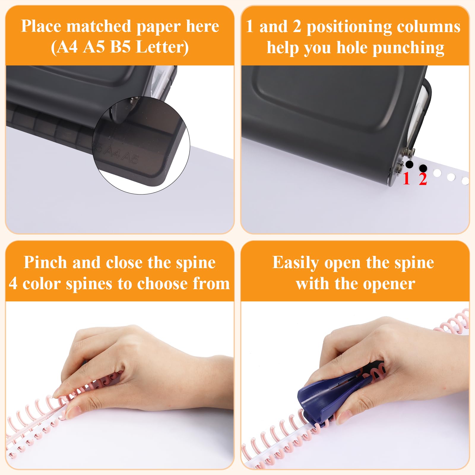 Hoqqf 10 Hole Punch Binding Machine for Planners with 10 Multi-Color Binder Rings,30 Holes on A4,20 Holes on A5,26 Holes on B5,10 Sheet Capacity (Black)