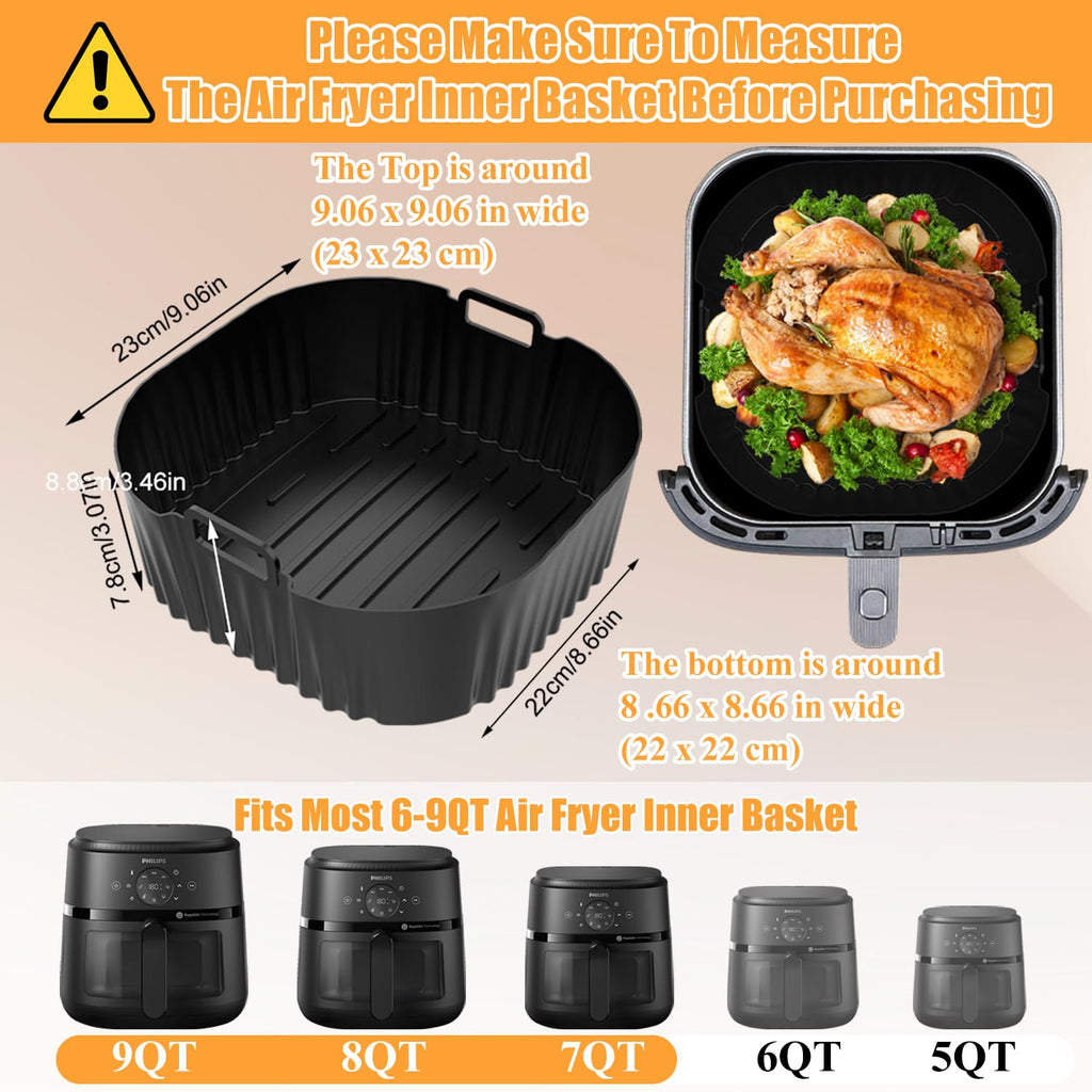 Silicone Air Fryer Liner, 2 PCS 9 Inch Square Air Fryer Basket Liners,Silicone Tray, Air Fryer Inserts for 6 to 9 QT, Reusable Air Fryer Accessories for Cosori Philips Ninja Oven Microwave