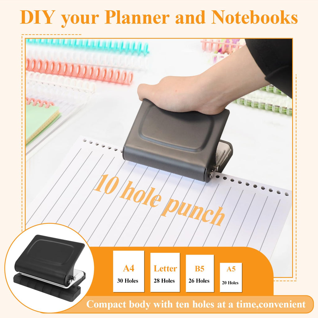 Hoqqf 10 Hole Punch Binding Machine for Planners with 10 Multi-Color Binder Rings,30 Holes on A4,20 Holes on A5,26 Holes on B5,10 Sheet Capacity (Black)