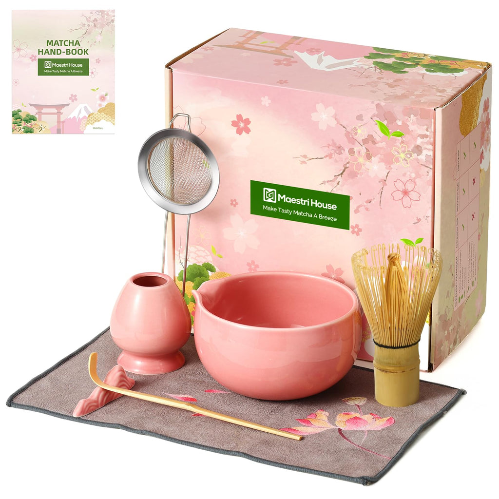 Maestri House Matcha Whisk Set, 7 Pcs Ceramic Matcha Kit with Spouted Bowl, Matcha Whisk & Holder, Bamboo Scoop, Scoop Rest, Sifter & Cloth – Complete Matcha Gift Set for Beginners & Tea Lovers（Pink）