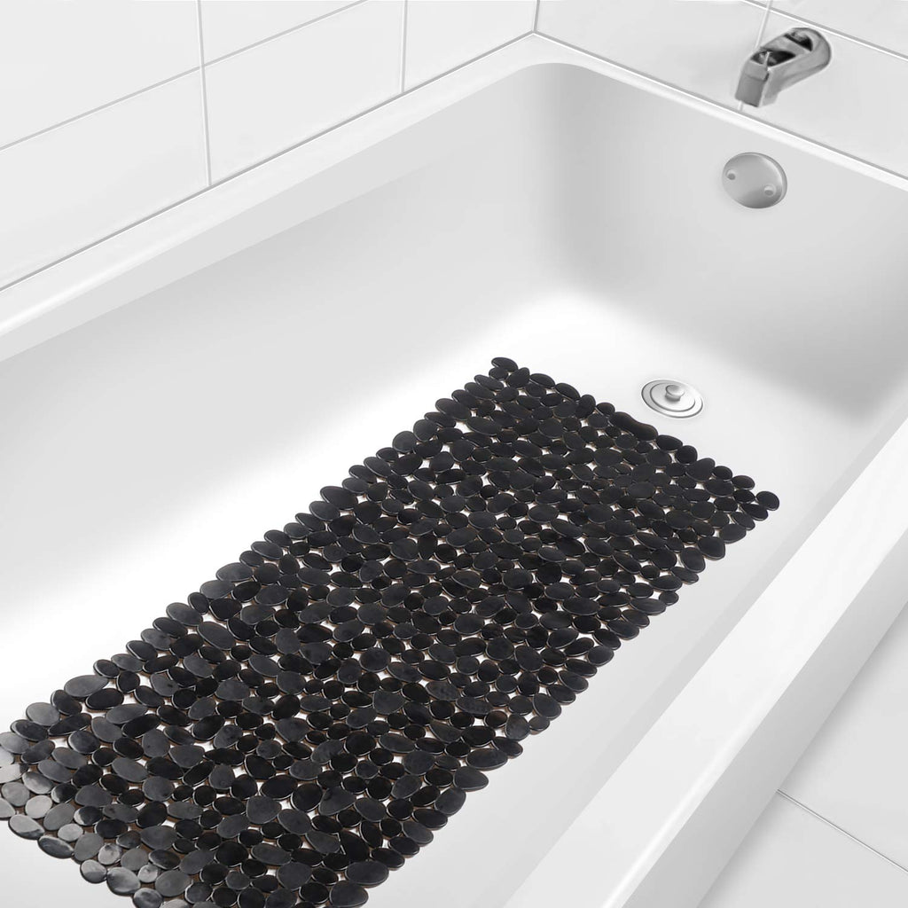 WELTRXE Non Slip Bath Mat Pebbles Bathtub Mat with Suction Cups, Drain Holes for Bathroom Showers, Tub, 35" x 16" Machine Washable Rectangle Bathroom Mats BPA, Latex Free Safe Shower Mats,Opaque Black