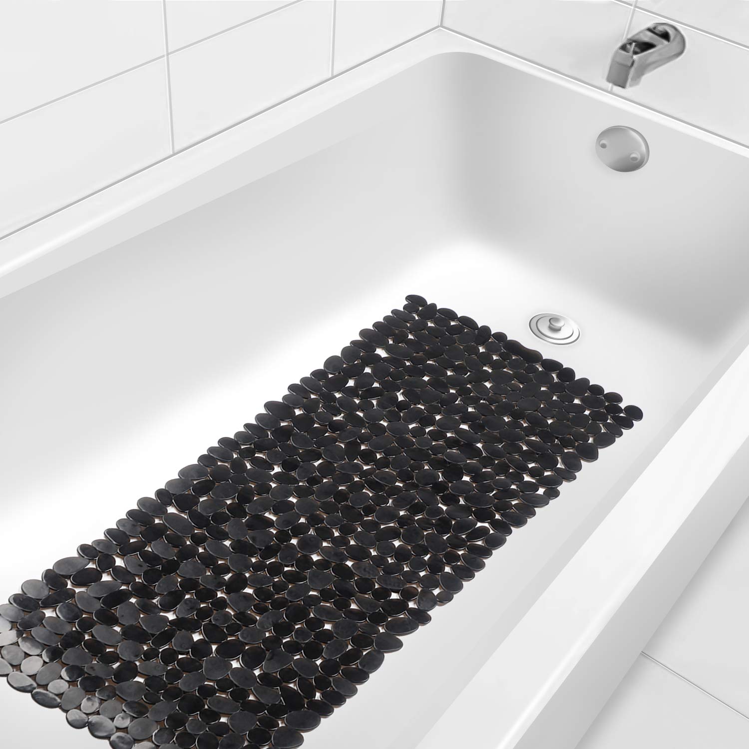 WELTRXE Non Slip Bath Mat Pebbles Bathtub Mat with Suction Cups, Drain Holes for Bathroom Showers, Tub, 35" x 16" Machine Washable Rectangle Bathroom Mats BPA, Latex Free Safe Shower Mats,Opaque Black