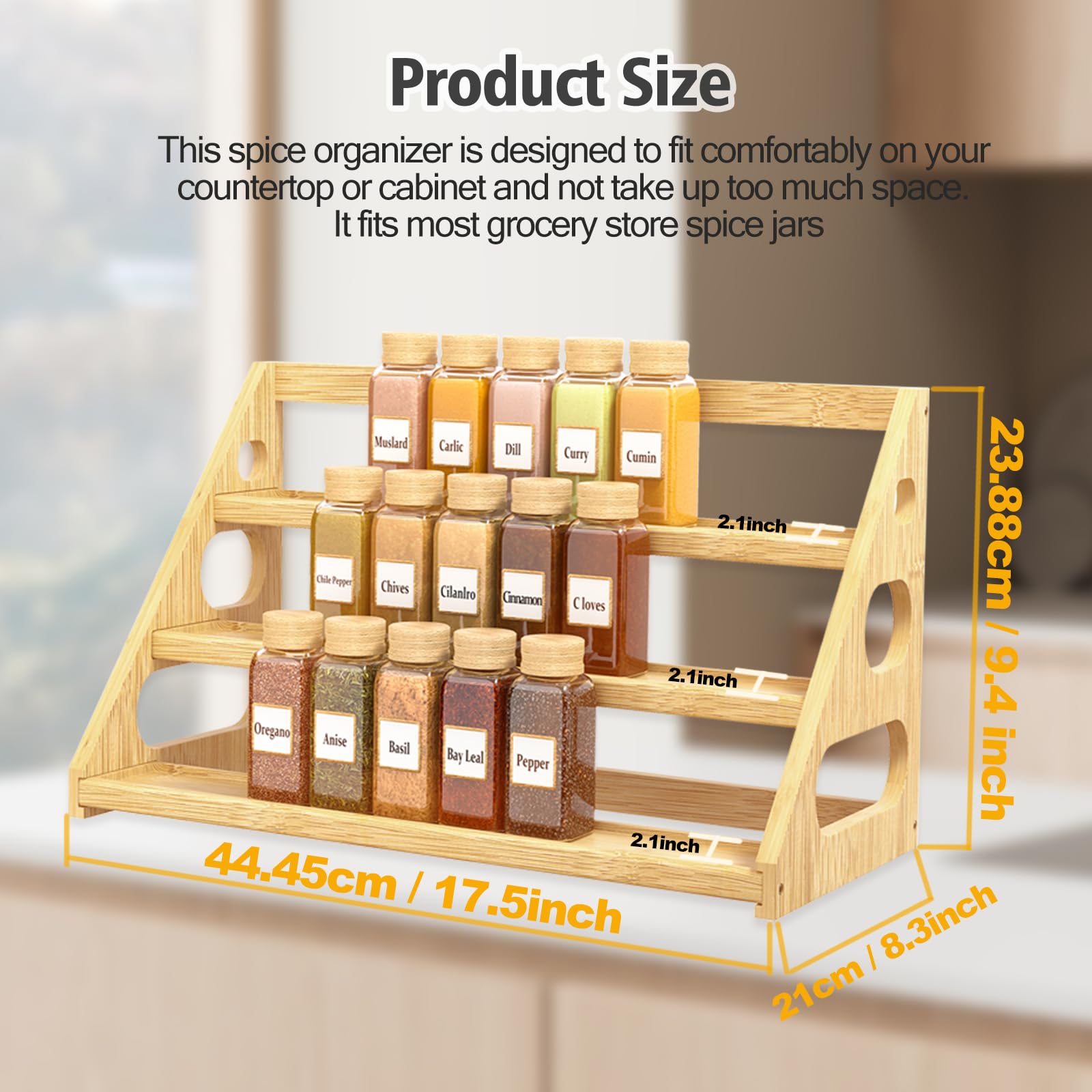 Spice Rack - Tiered Spice Rack Organization for Cabinet - 3 Tier Bamboo Display Spice Shelf for Countertop