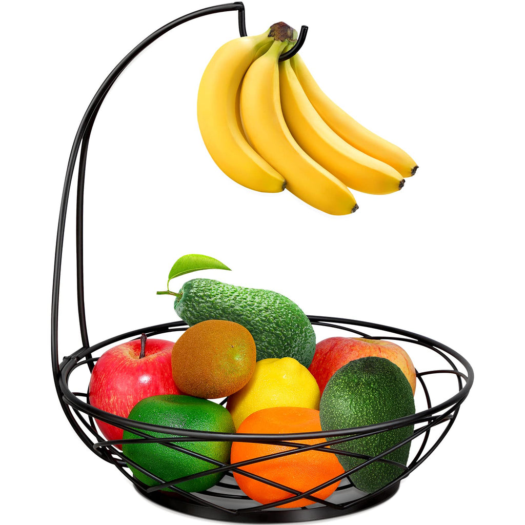Fruit Bowl with Banana Hanger - Fruit Basket for Kitchen Counter with Holder - Black Chrome