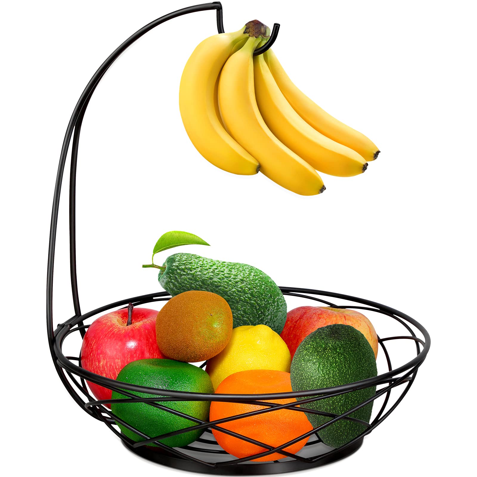 Fruit Bowl with Banana Hanger - Fruit Basket for Kitchen Counter with Holder - Black Chrome