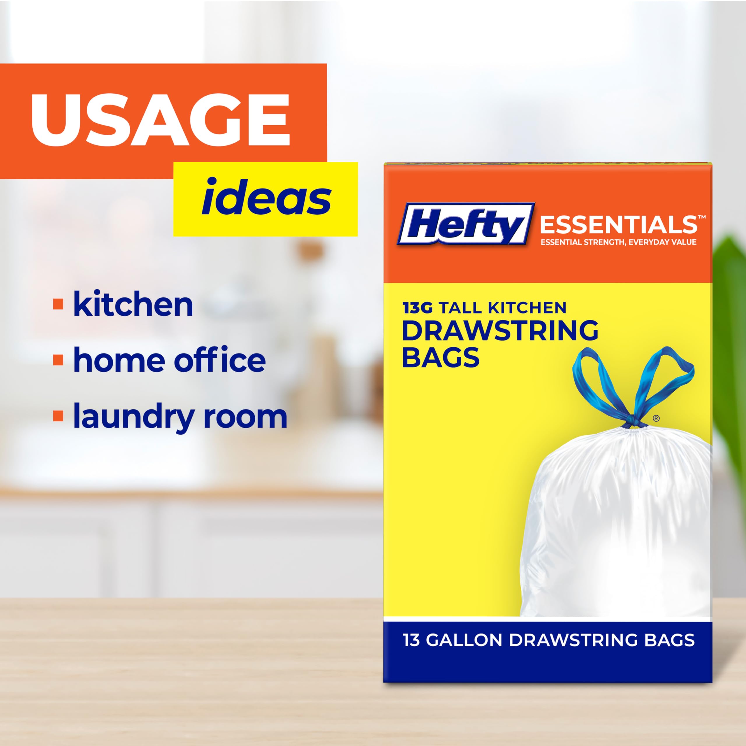 Hefty Essentials Drawstring 13 Gallon Kitchen Trash Bags, 45 Count, Tall Unscented Trash Bags for Kitchens, Home Offices, or Laundry Rooms, Easy to Tie, Lift, and Carry, White