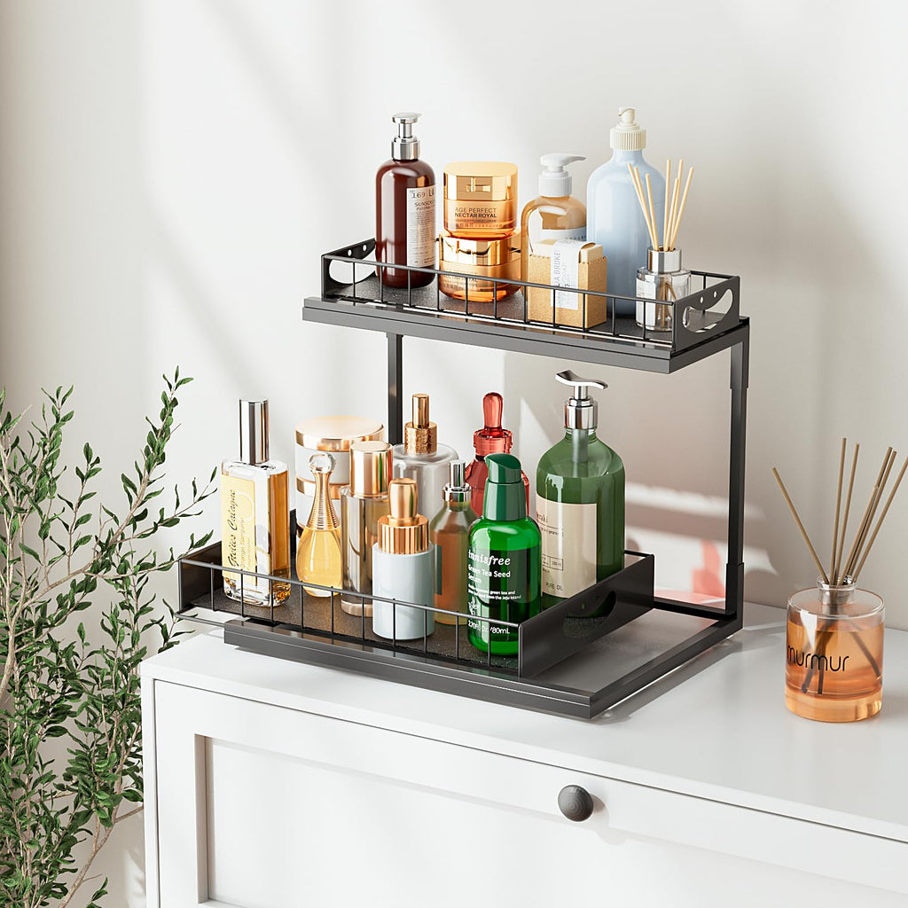 JAQ Under Sink Organizer, 2 Tier Metal Slide Out Under Cabinet Storage Shelves Rack for Kitchen Bathroom Pantry Lanudry, Attractive Emoji Smile Handle (Black, 1 Pack)