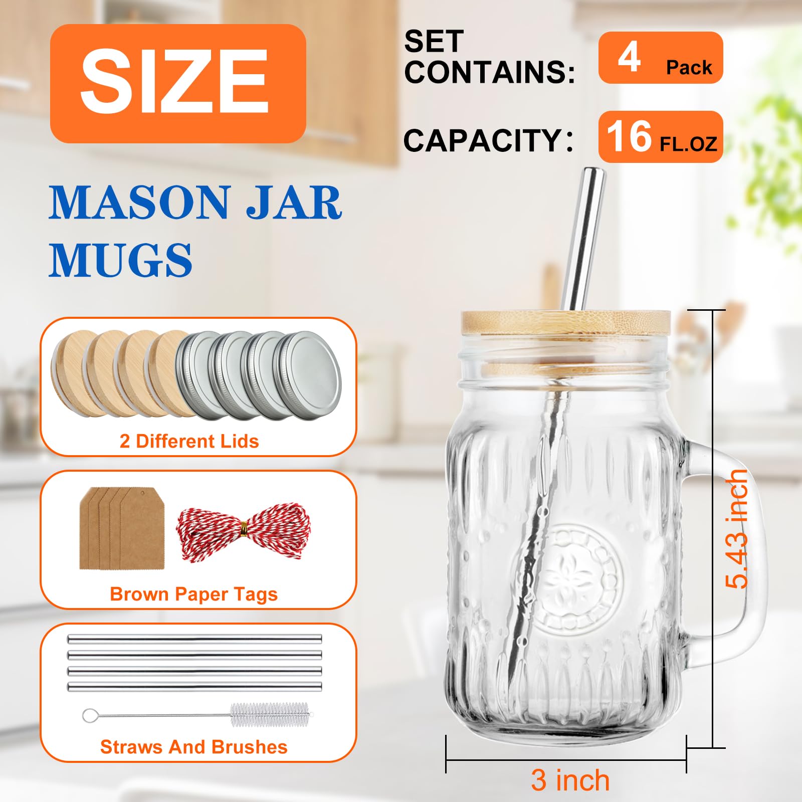 Magicsky Mason Jar Cups with Handles, Vintage 16 oz Glass Iced Coffee Cup with Bamboo Lids and Straws, Pint Drinking Jars Mug for Smoothie, Cold Drinks, Juice, Party Beverages, Set of 4