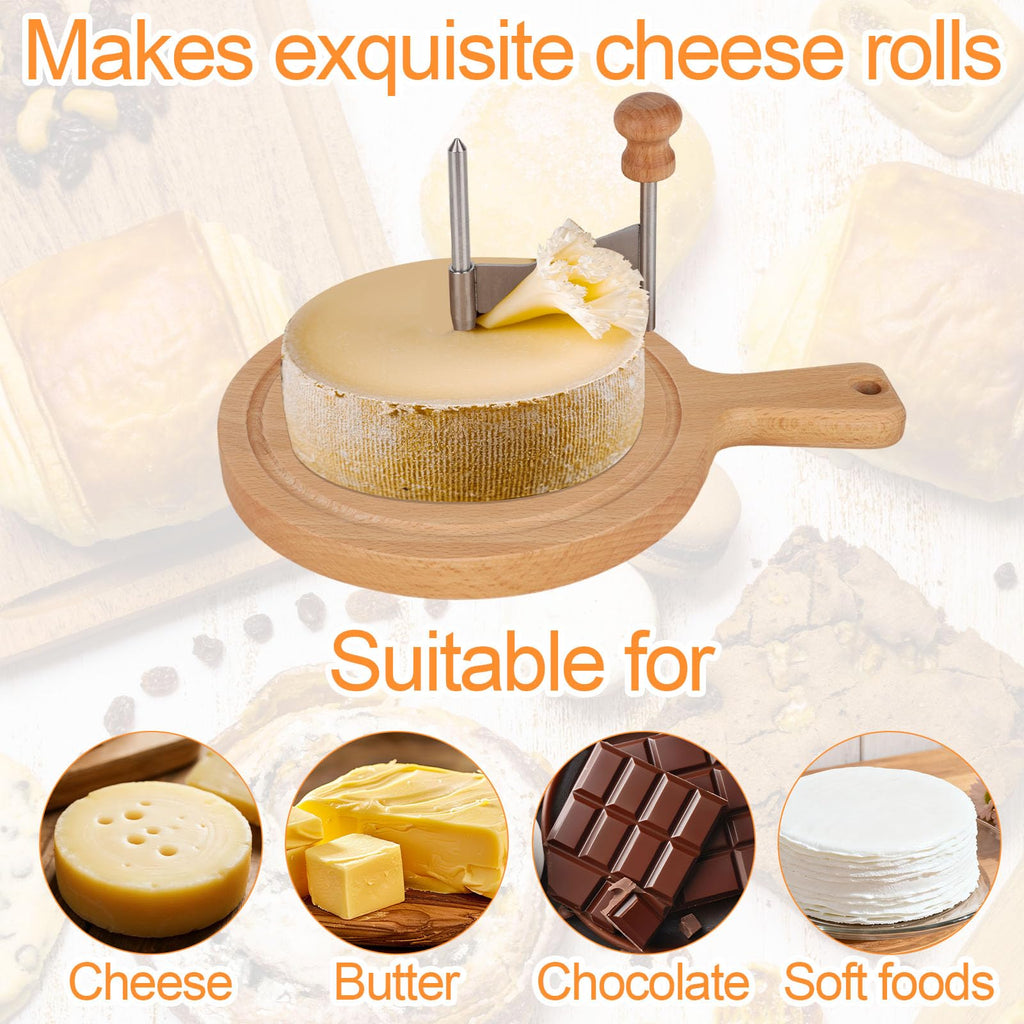 Wooden Cheese Wheel Cutter, Stainless Steel Round Cheese Curler Slicer Maker Shaver with Handle Kitchen Accessories for Butter Chocolate Home Restaurants Cafes Bakery