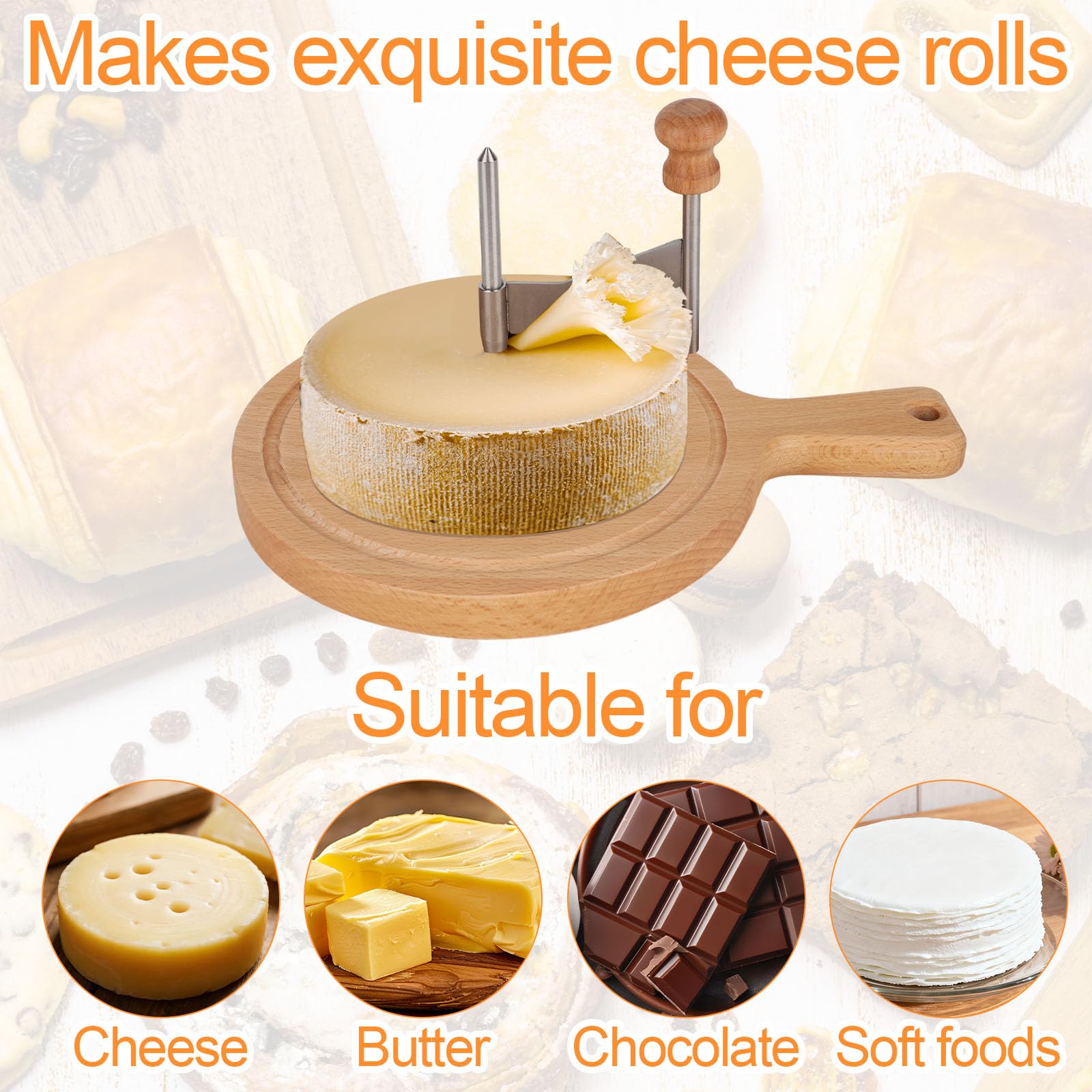 Wooden Cheese Wheel Cutter, Stainless Steel Round Cheese Curler Slicer Maker Shaver with Handle Kitchen Accessories for Butter Chocolate Home Restaurants Cafes Bakery