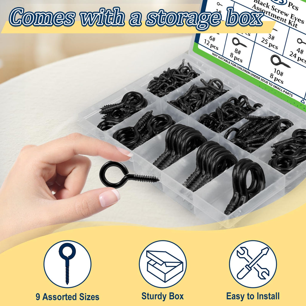 Vifmy Screw Eyes Assortment Kit(195Pcs),0.75" 0.78" 0.90" 1" 1.1" 1.18" 1.39" 1.57" 1.75" Zinc Plated Eyelet Screws,Metal Small Tapping Screw Hooks Ring,Black