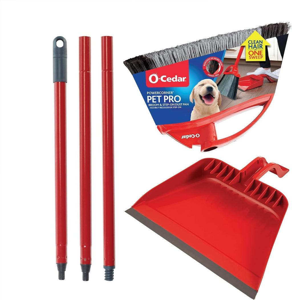 O-Cedar Pet Pro Broom & Step-On Dustpan PowerCorner, Red