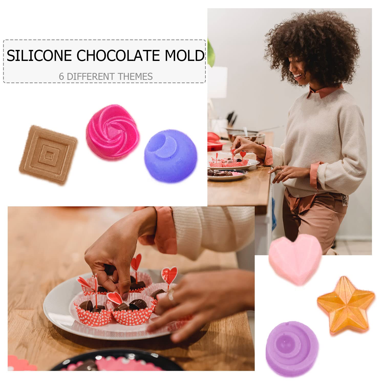 6 pcs Silicone Chocolate Molds, CNYMANY Candy Mold Jelly Mould Non-Stick Kitchen Baking Pans Ice Cube Trays for Party Festival - 6 Shapes
