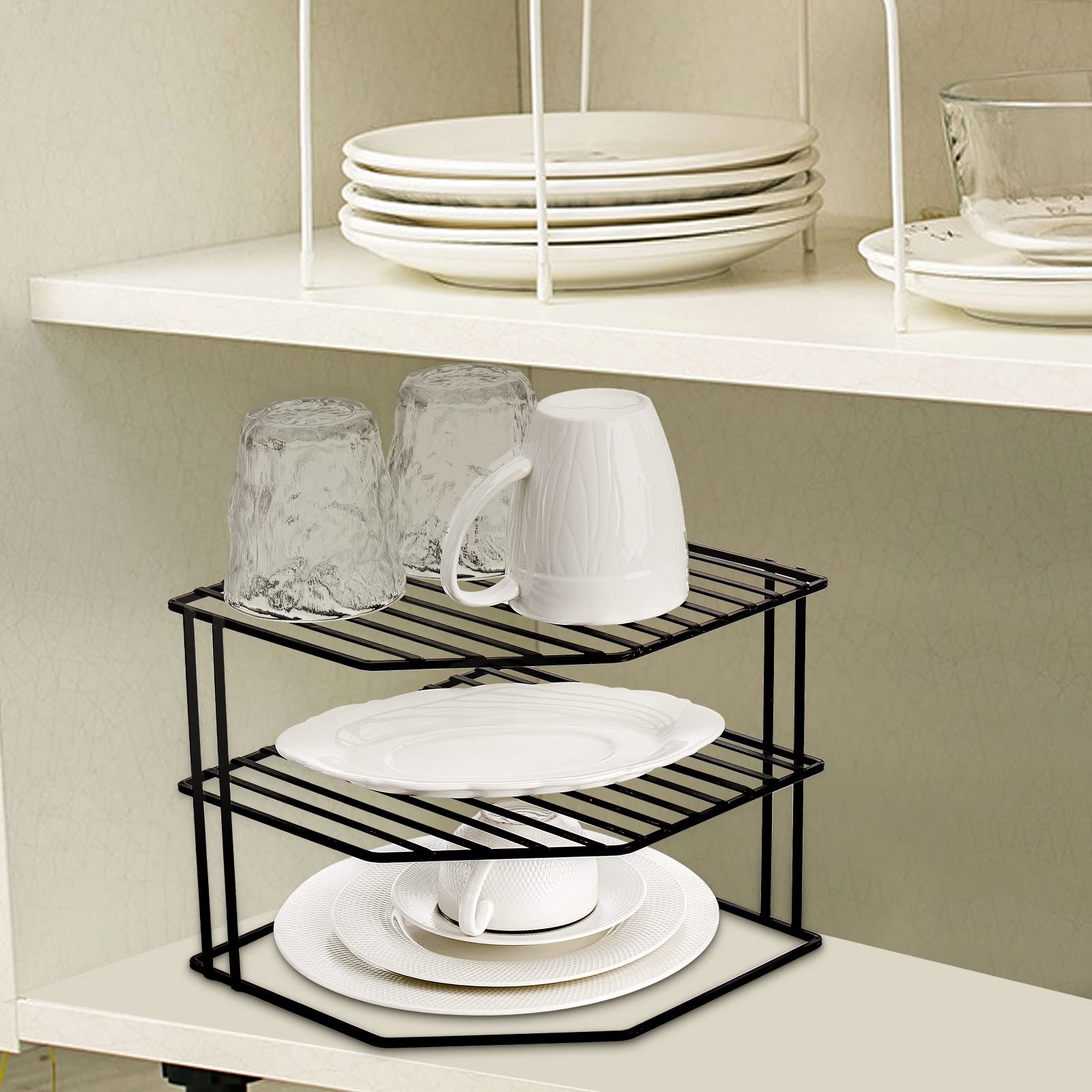 Frcctre 3-Tier Kitchen Corner Shelf Rack Counter and Cabinet Organizer, 9x9x7.5 Inch Metal Wire Kitchen Counter Pantry Cabinet Organizer and Storage Shelf for Plates, Cups, Dishes